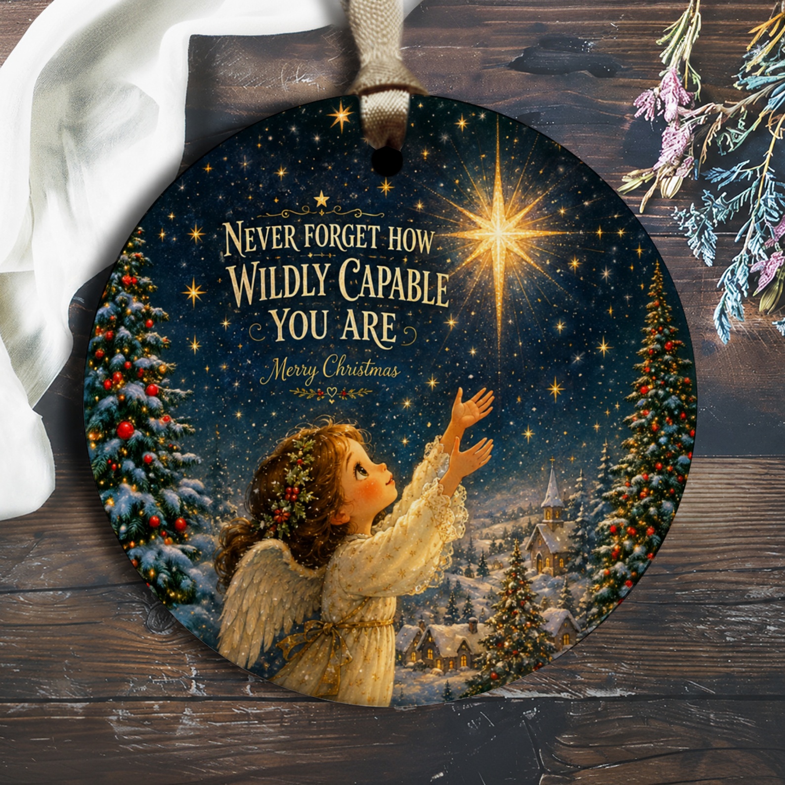 Never Forget How Wildly Capable You Are Merry Christmas Ornament Angel Reaching For Star Holiday Decor Inspirational Gift O2242