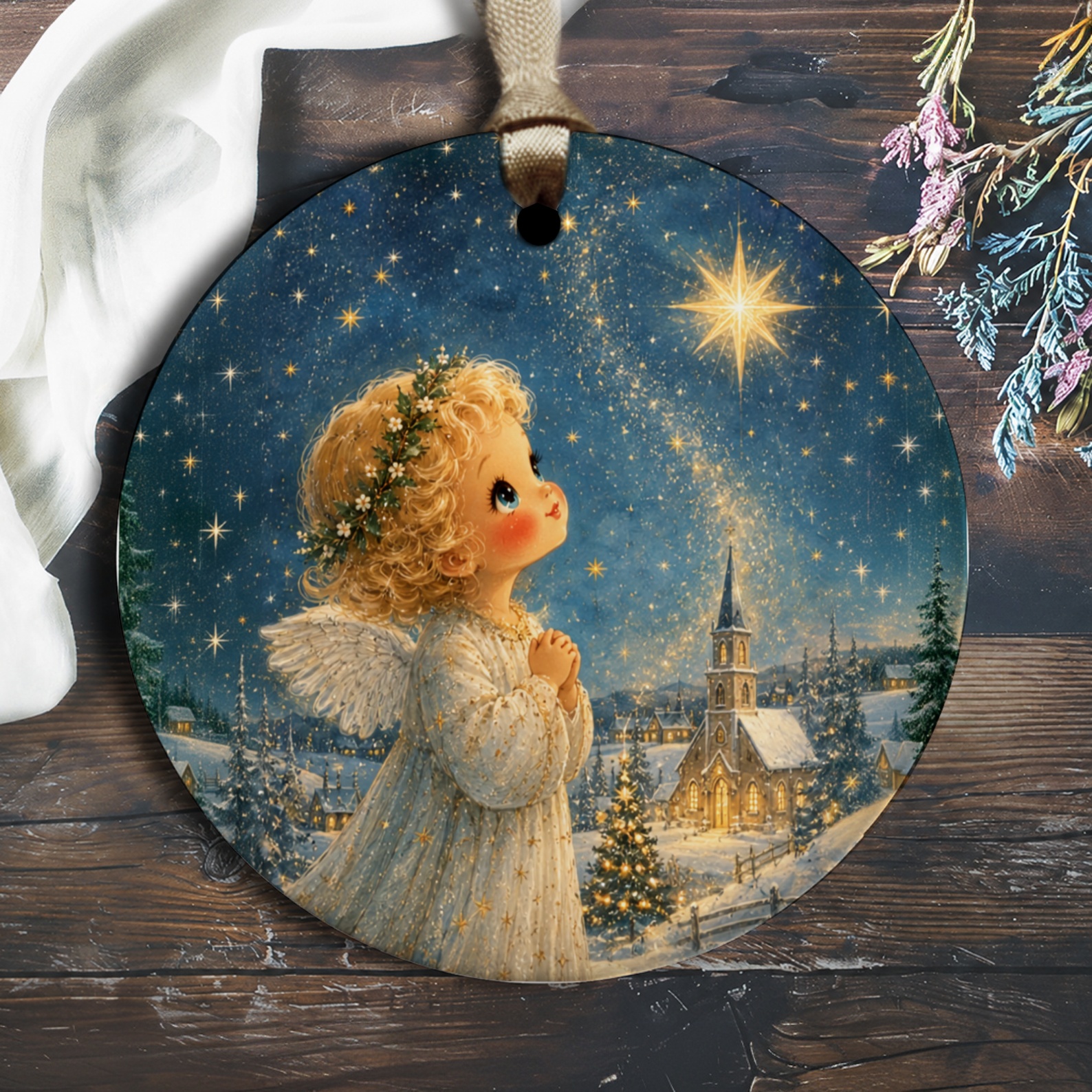 Angel Gazing At Starry Sky Christmas Ornament Holiday Decor Cute Winter Scene Heavenly Angelic O2245