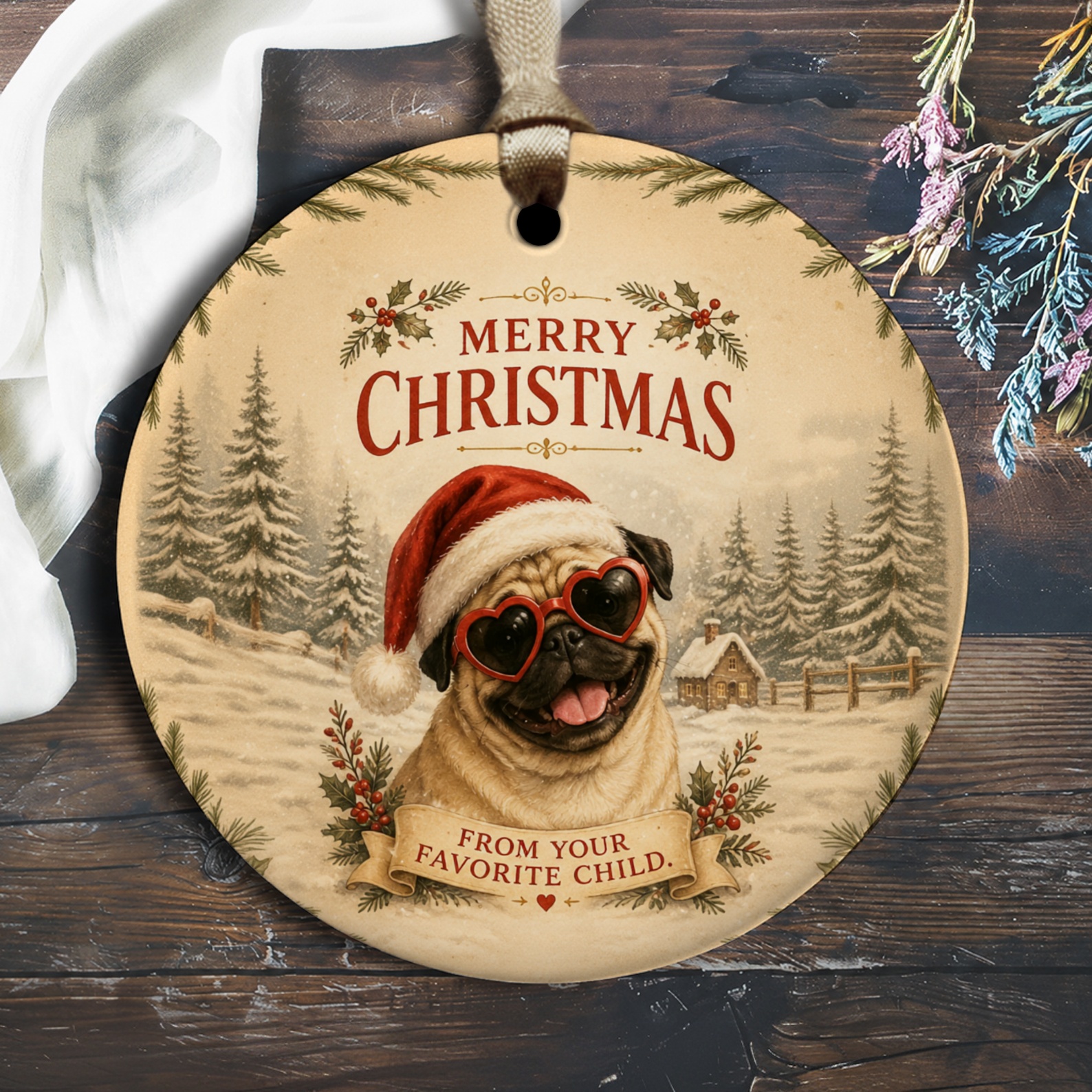 Merry Christmas From Your Favorite Child Ornament Cute Pug Santa Hat Heart Glasses Christmas Tree Holiday Decor O2247