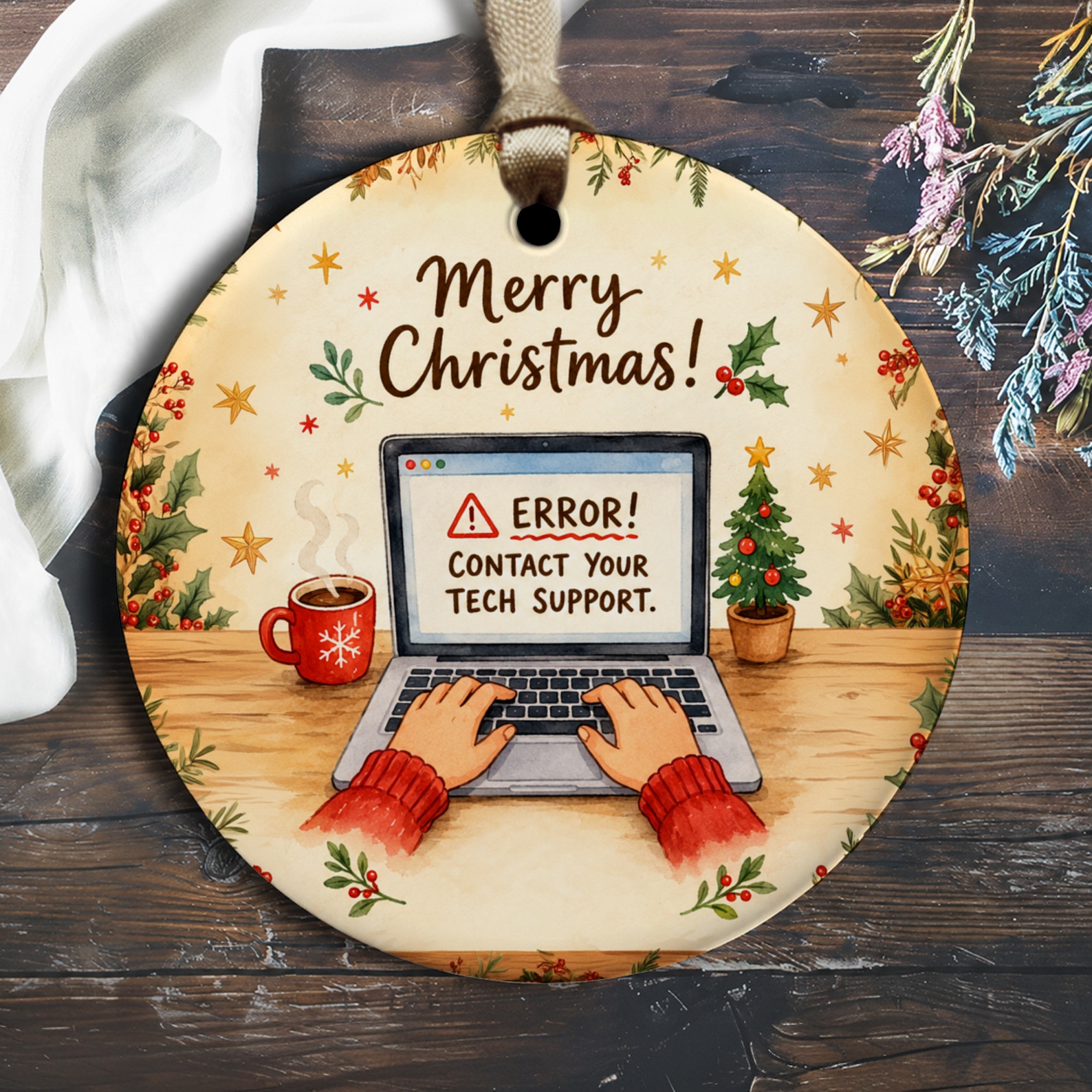 Merry Christmas! Error! Contact Your Tech Support. Funny Christmas Ornament Tech Lover Holiday Decor Gift Idea O2322
