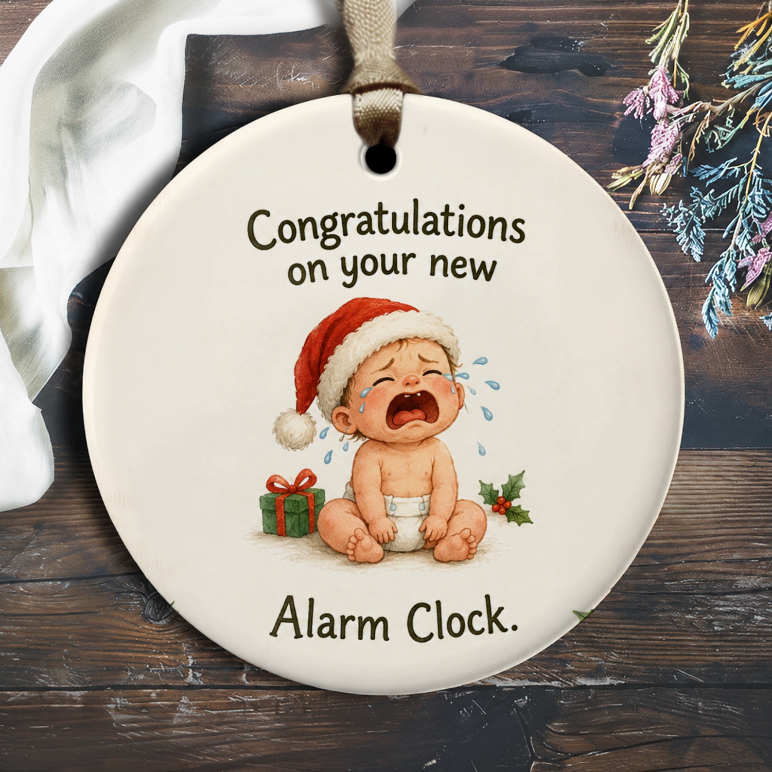 Congratulations On Your New Alarm Clock Funny New Baby Ornament Cute Crying Baby Santa Hat Christmas Gift For New Parents O2253