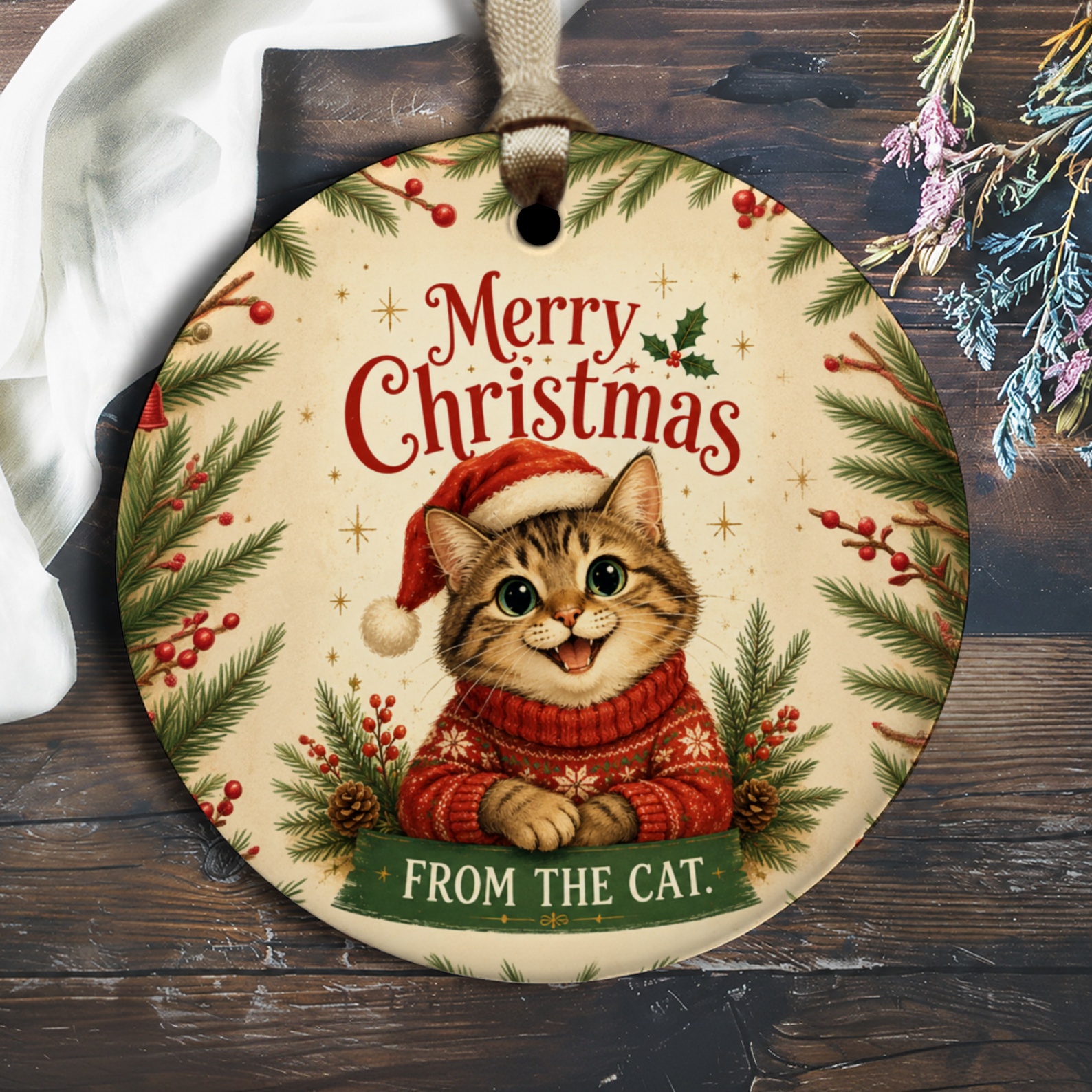 Merry Christmas From The Cat Ornament Cute Cat Christmas Ornament Holiday Decor Cat Lover Gift Festive Cat Ornament O2332