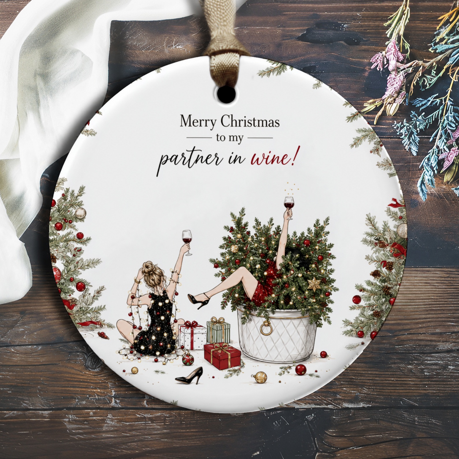 Merry Christmas To My Partner In Wine! Funny Christmas Ornament Wine Lover Holiday Decor Gift For Friend Cute Xmas Ornament O2264