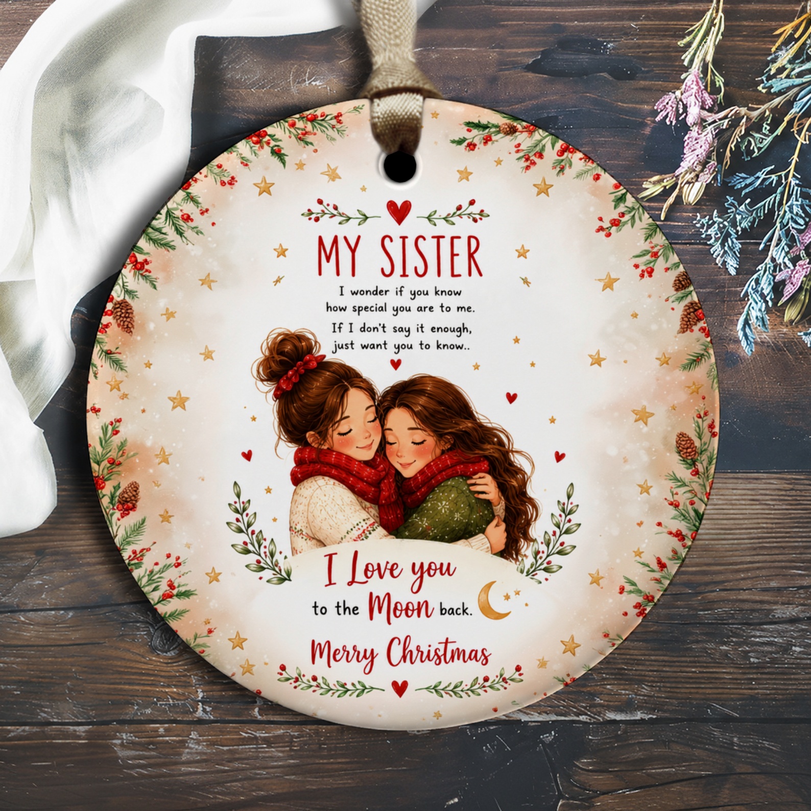 My Sister I Love You To The Moon Back Merry Christmas Ornament Holiday Gift For Sister Sentimental Xmas Decoration O2336