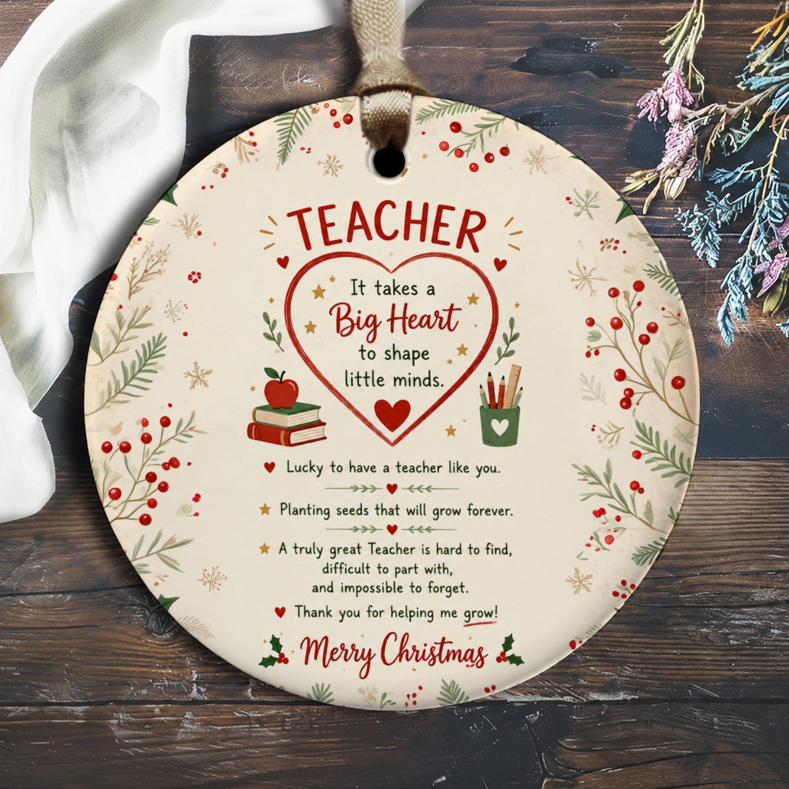 Teacher It Takes A Big Heart Ornament Christmas Teacher Appreciation Gift Holiday Decor Thank You Present O2268