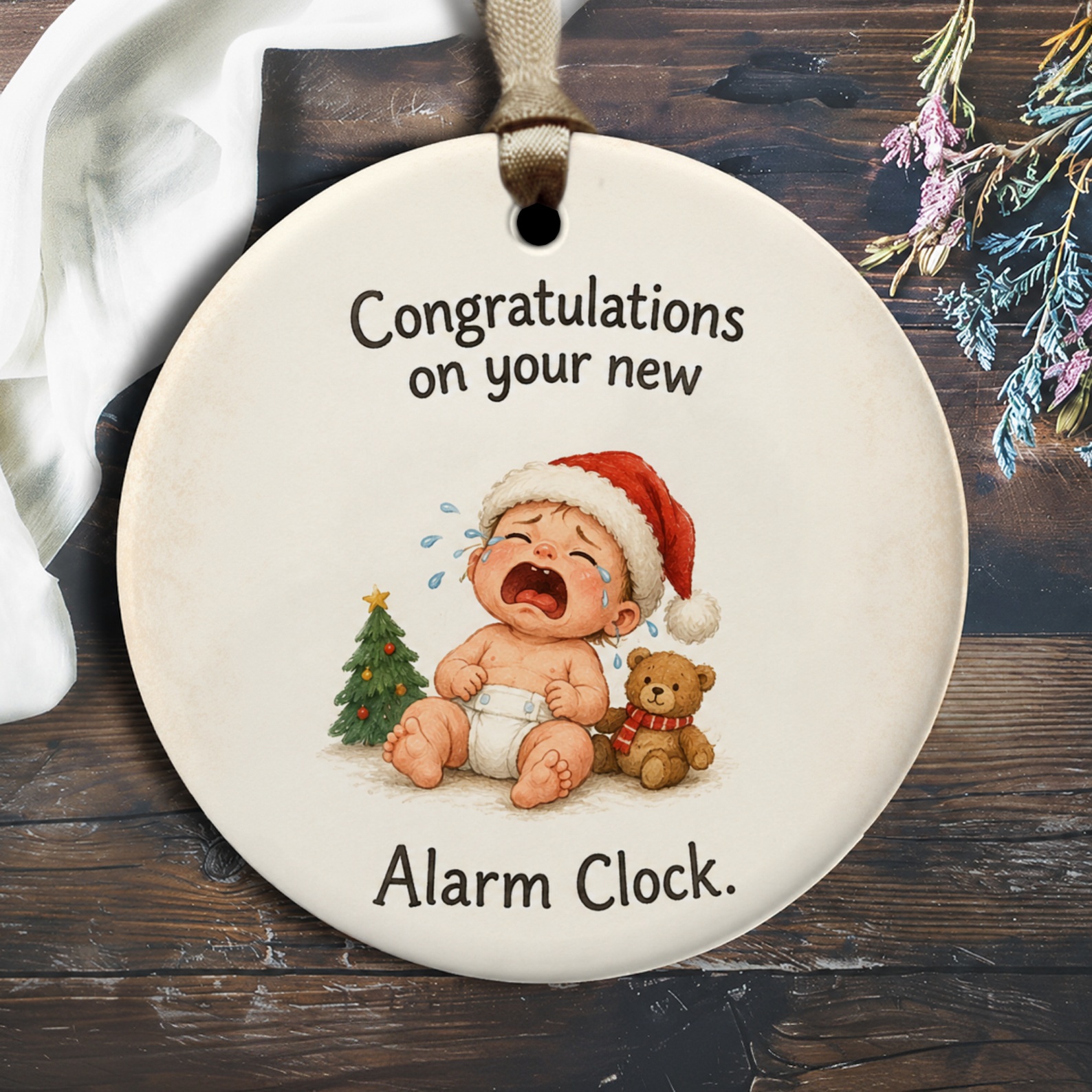 Congratulations On Your New Alarm Clock Funny Baby Ornament New Parent Gift Christmas Baby Cute Santa Hat Ornament O2342