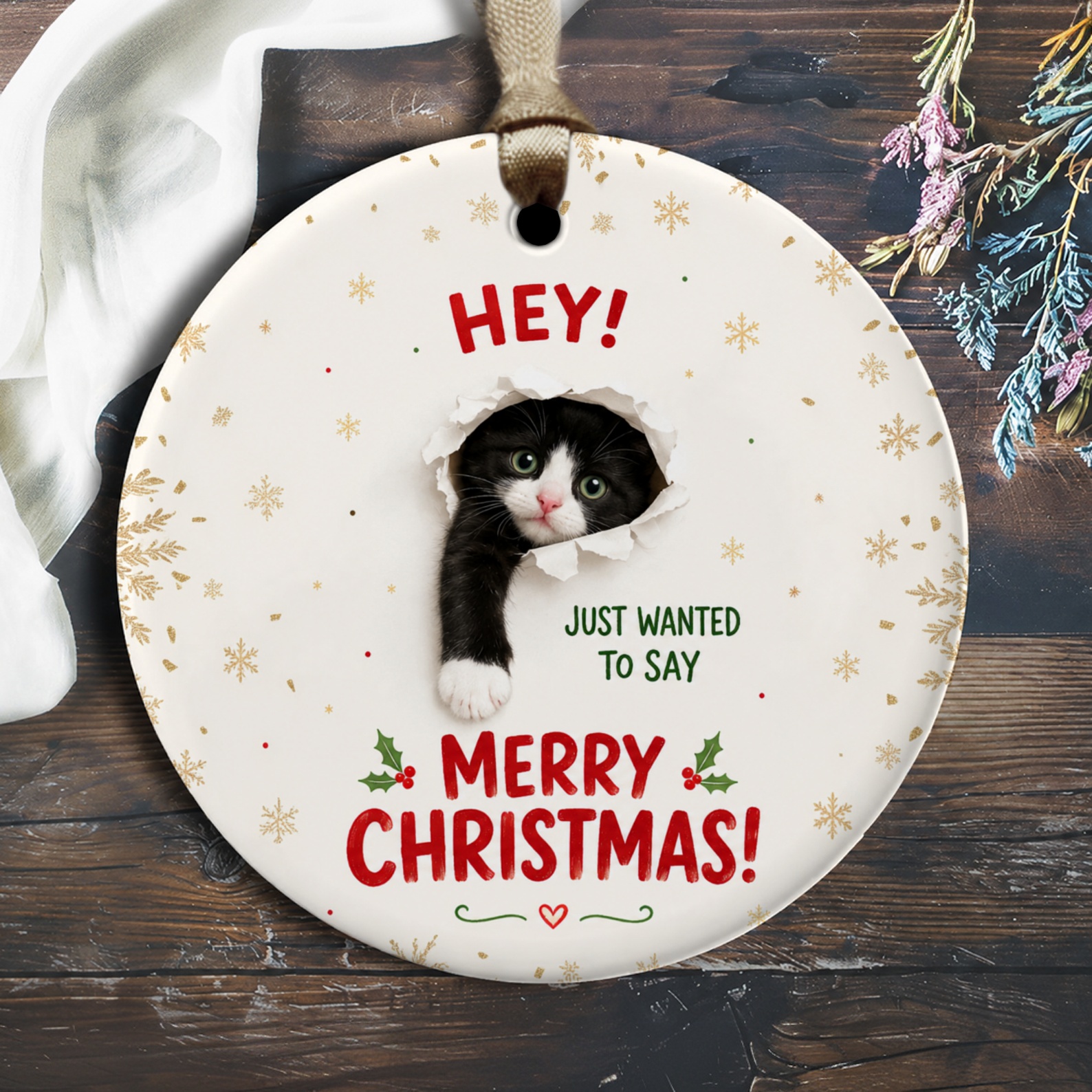 Hey! Just Wanted To Say Merry Christmas! Cute Cat Ornament Christmas Decoration Holiday Gift For Cat Lovers Festive Decor O2275