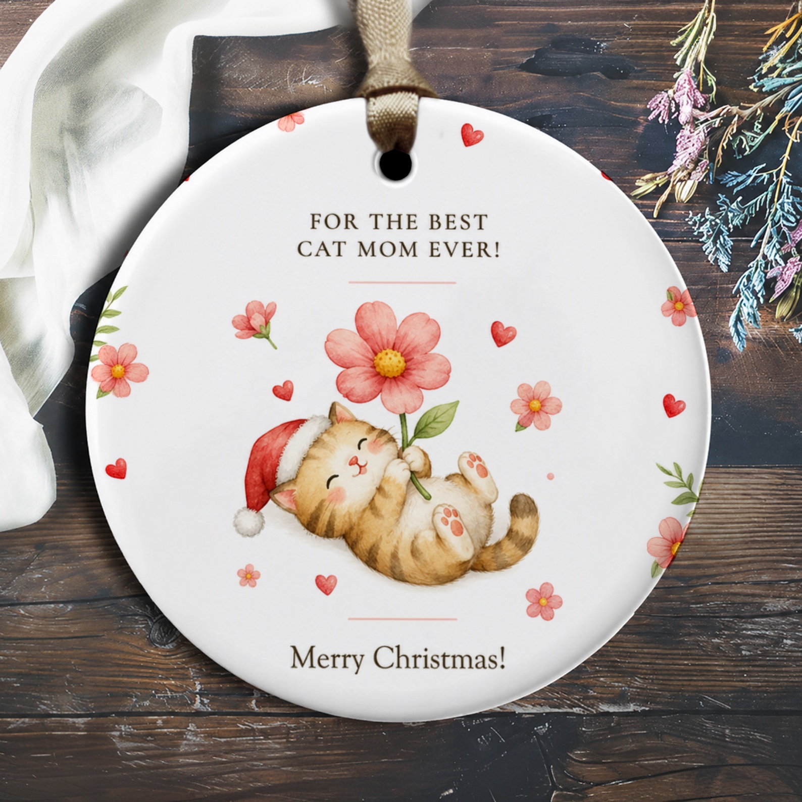 For The Best Cat Mom Ever! Merry Christmas Ornament Cute Cat With Flower Santa Hat Christmas Gift For Cat Lovers O2280