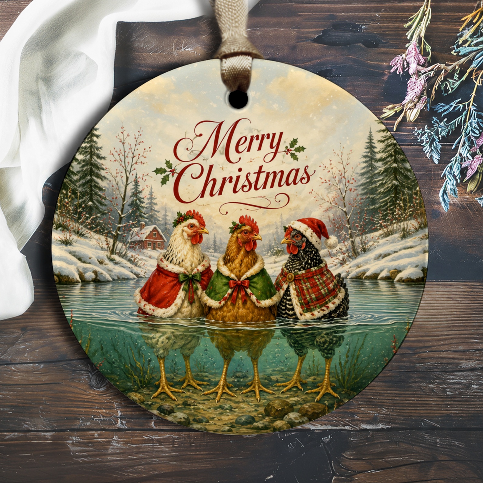 Merry Christmas Ornament Festive Chicken Decor Holiday Decoration Winter Farmhouse Style Rustic Christmas Ornament O2284