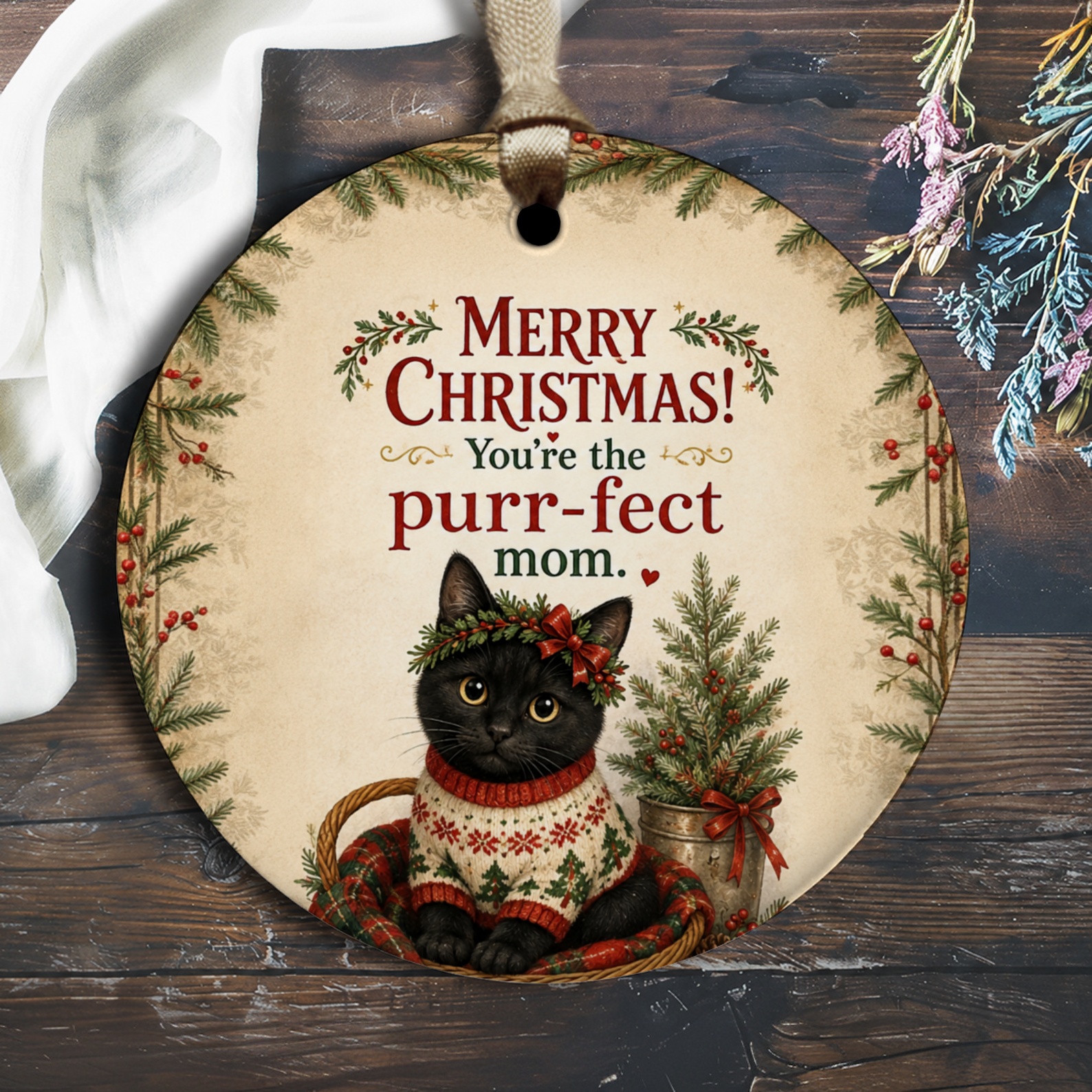Merry Christmas! You're The Purr-Fect Mom Ornament Cat Lover Christmas Decor Cute Holiday Gift For Mom Festive Cat Ornament O2304