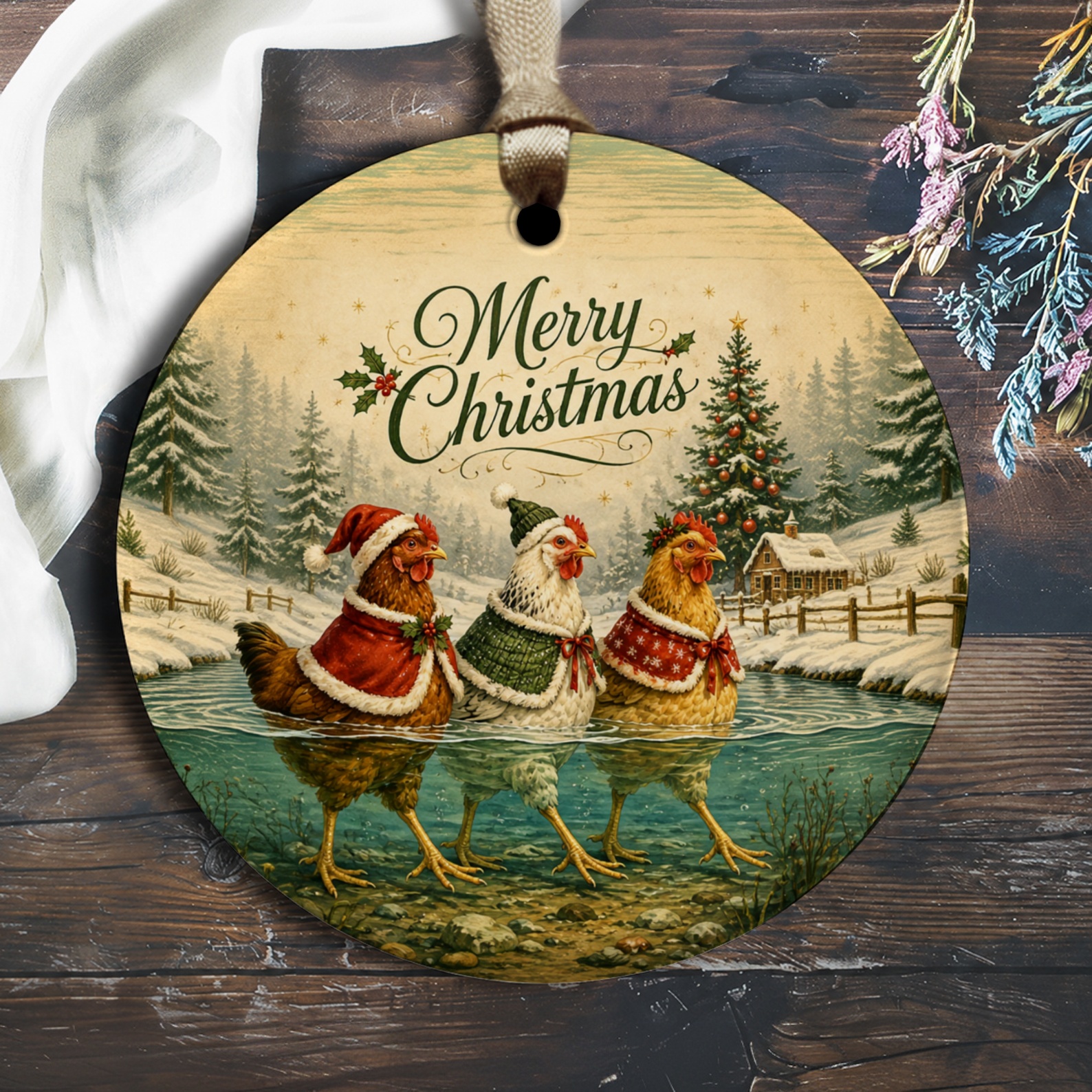 Merry Christmas Ornament Festive Chickens Winter Scene Holiday Decor Rustic Farmhouse Christmas Tree Decoration O2313