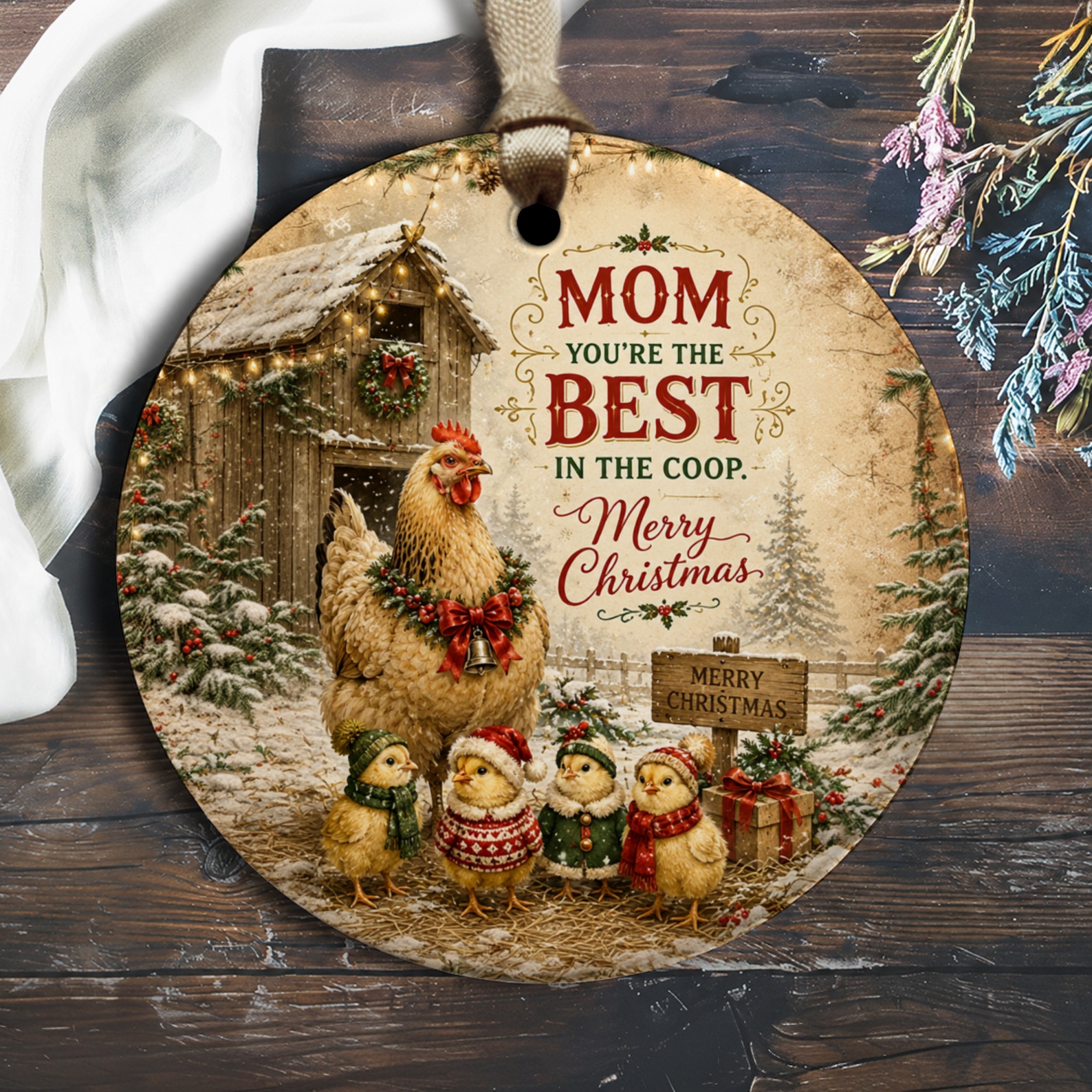 Mom You're The Best In The Coop. Merry Christmas Ornament Chicken Family Holiday Decor Gift For Mom Cute Farmhouse Style O2340