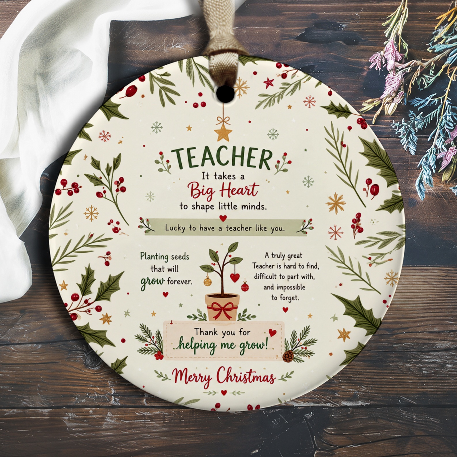 Teacher Big Heart Ornament Christmas Teacher Appreciation Gift Thank You Helping Me Grow Holiday Decor O2344
