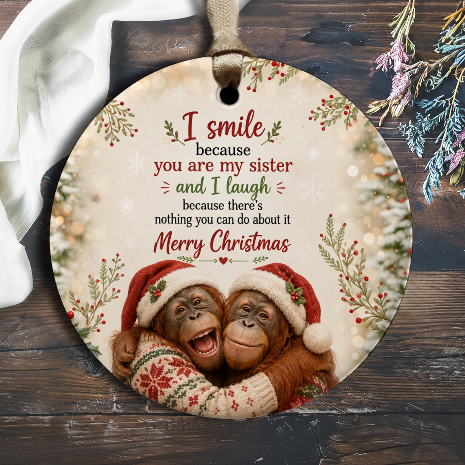 I Smile Because You Are My Sister Christmas Ornament Funny Holiday Gift For Sister Cute Orangutan Xmas Decor O2348