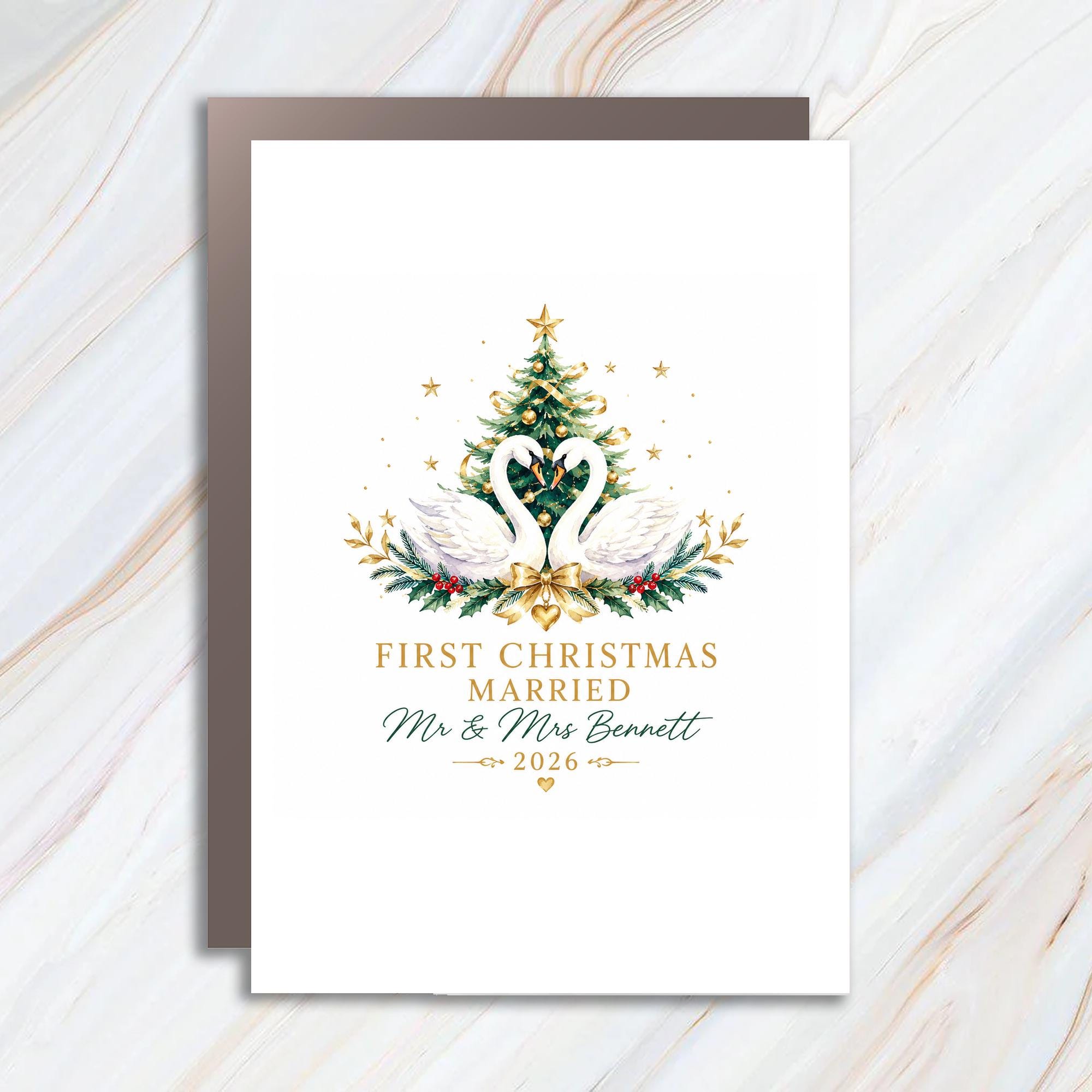 Personalized First Christmas Married Mr & Mrs 2026 Christmas Card Newlywed Couple Holiday Greeting Card Romantic Swans C1557