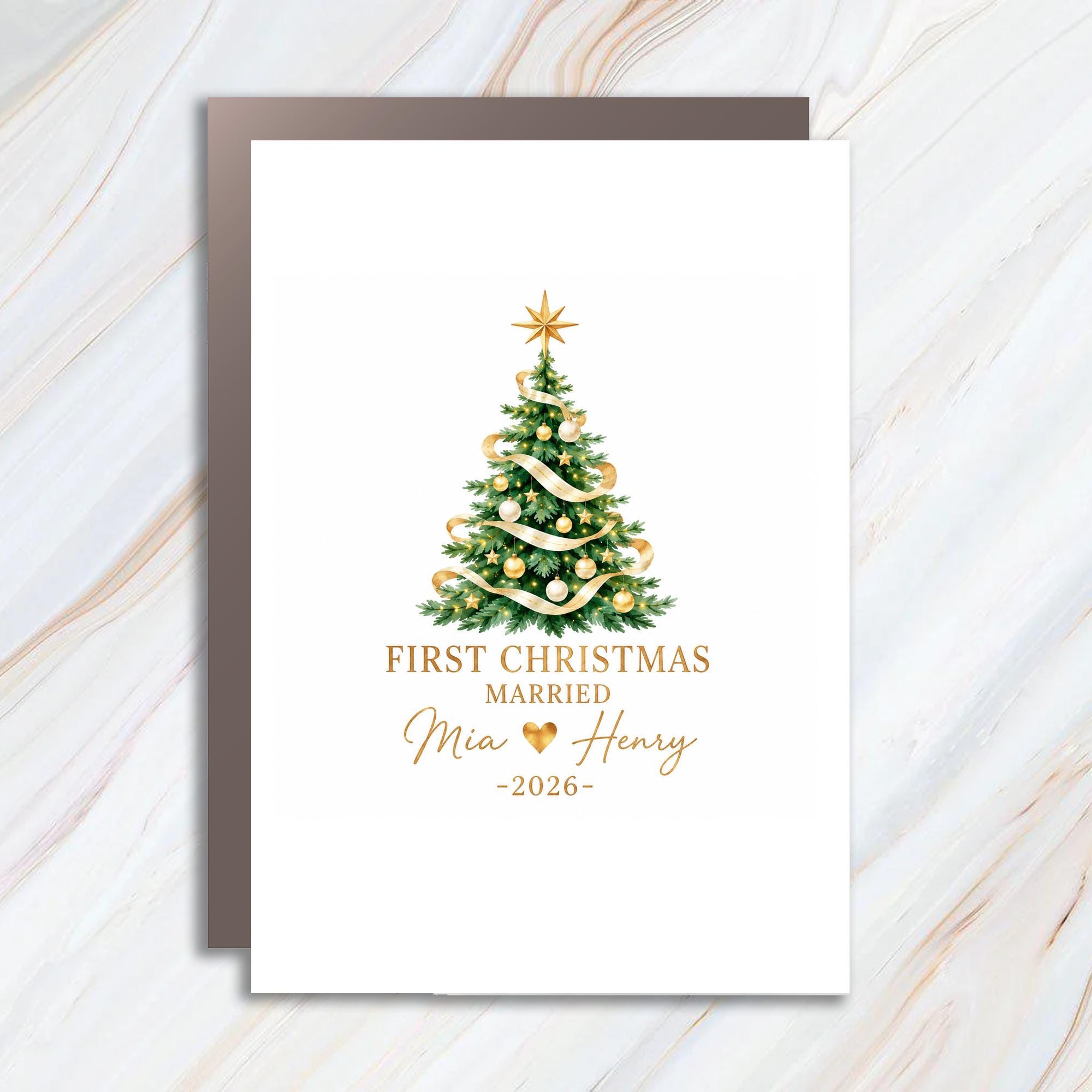 First Christmas Married 2026 Personalized Christmas Card Newlywed Couple Holiday Greeting Card Custom Names C1563