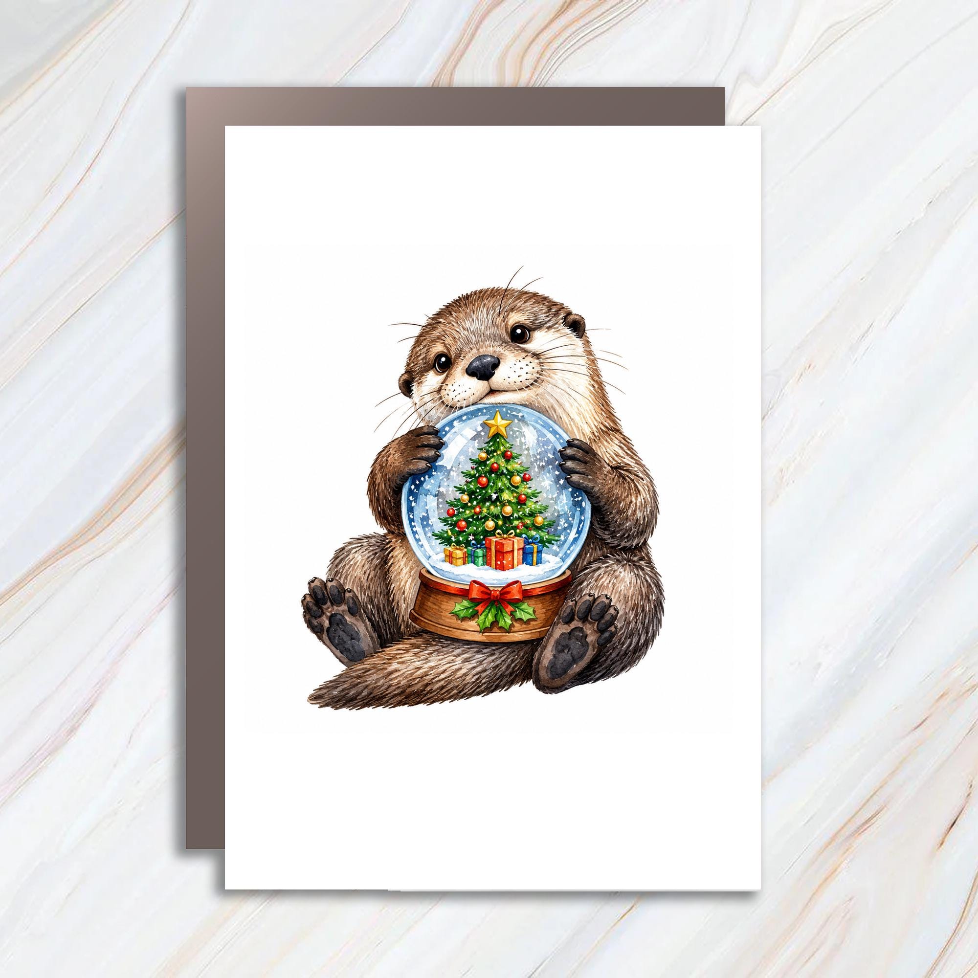 Otter Snow Globe Christmas Card Cute Animal Holiday Greeting Card For Kids Family Winter Festive Illustration C1565
