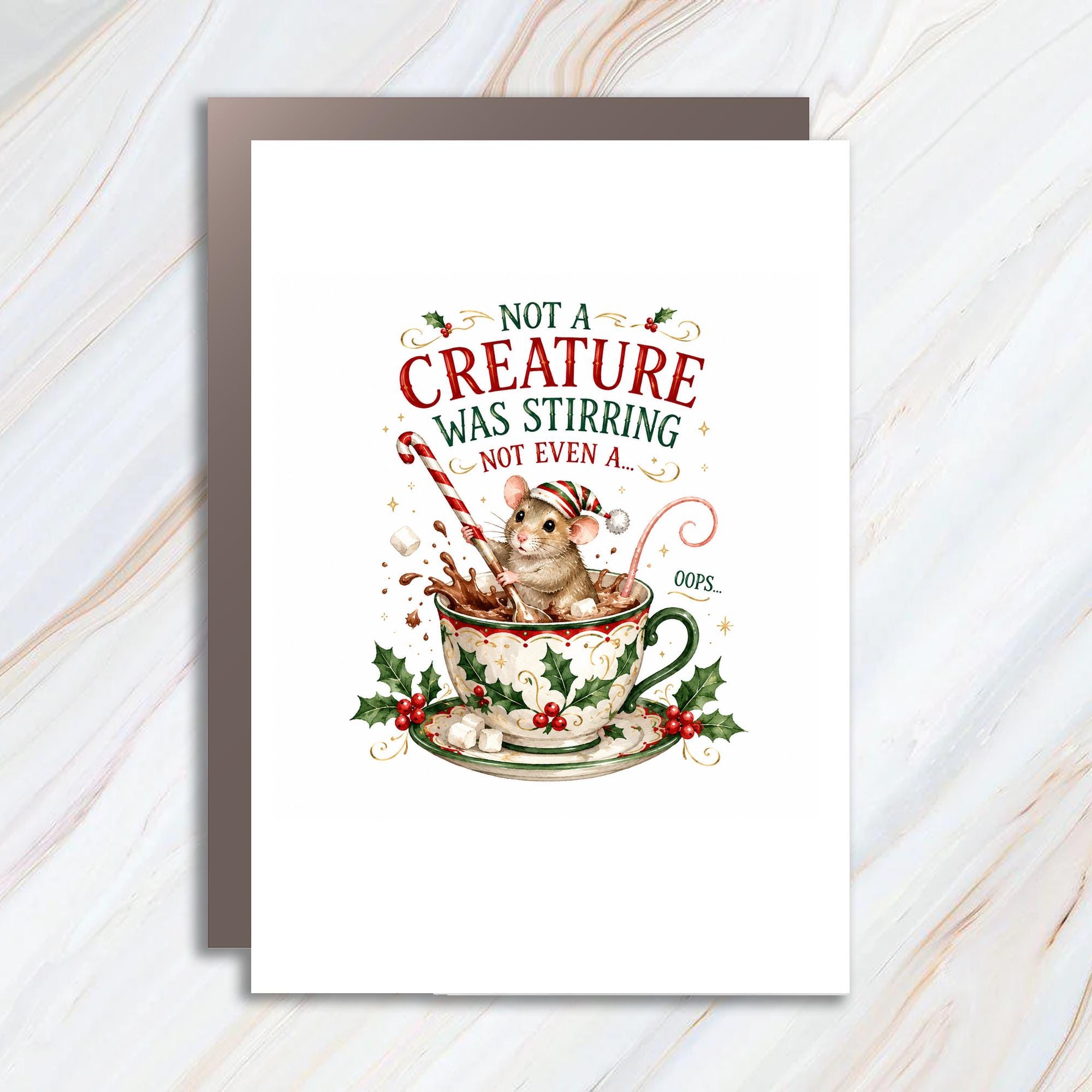 Not A Creature Was Stirring Not Even A... Oops... Christmas Card Cute Mouse In Teacup Holiday Greeting Card For Friend Family C1567