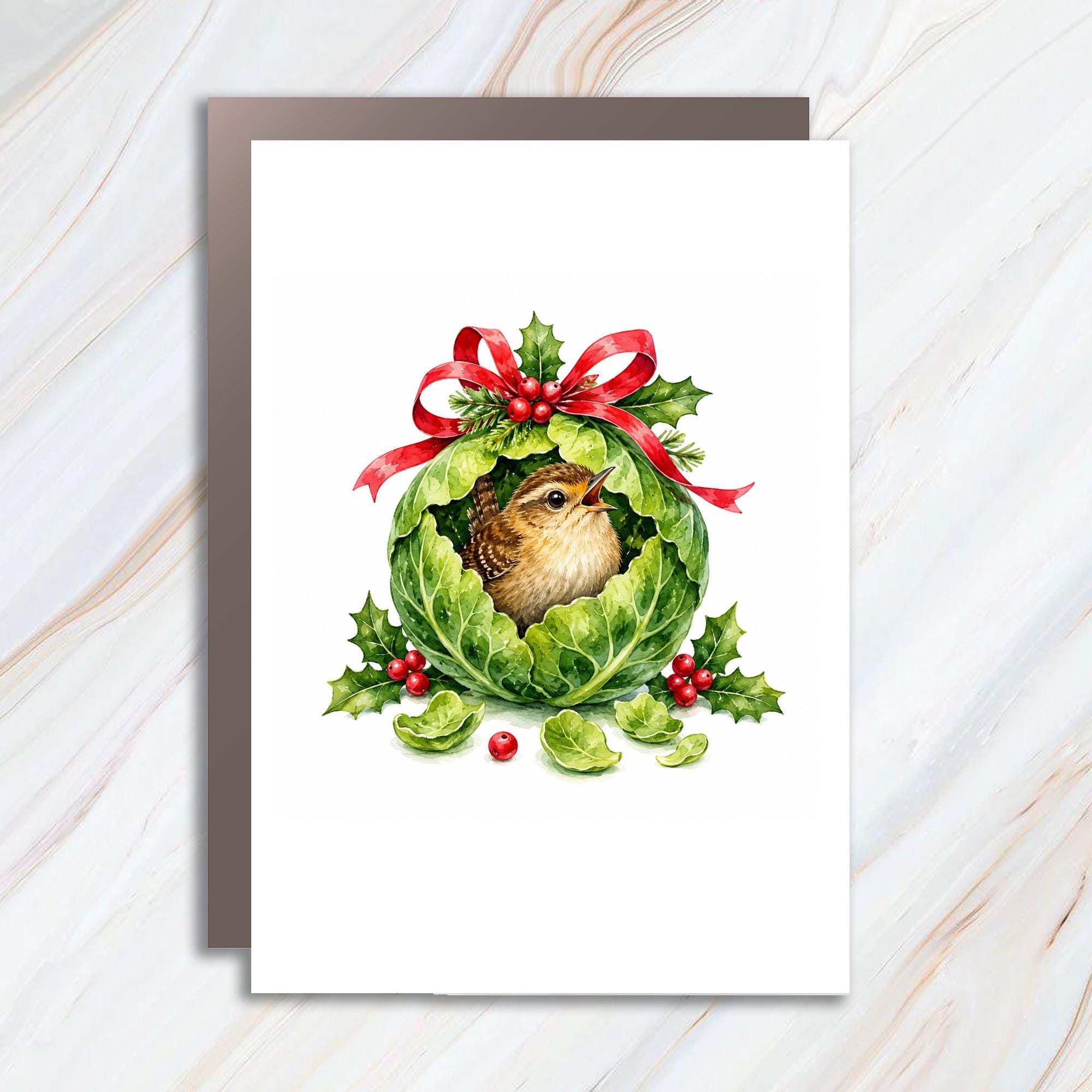 Bird In Cabbage Christmas Greeting Card Cute Holiday Card With Holly And Ribbon Festive Animal Card For Nature Lover C1568