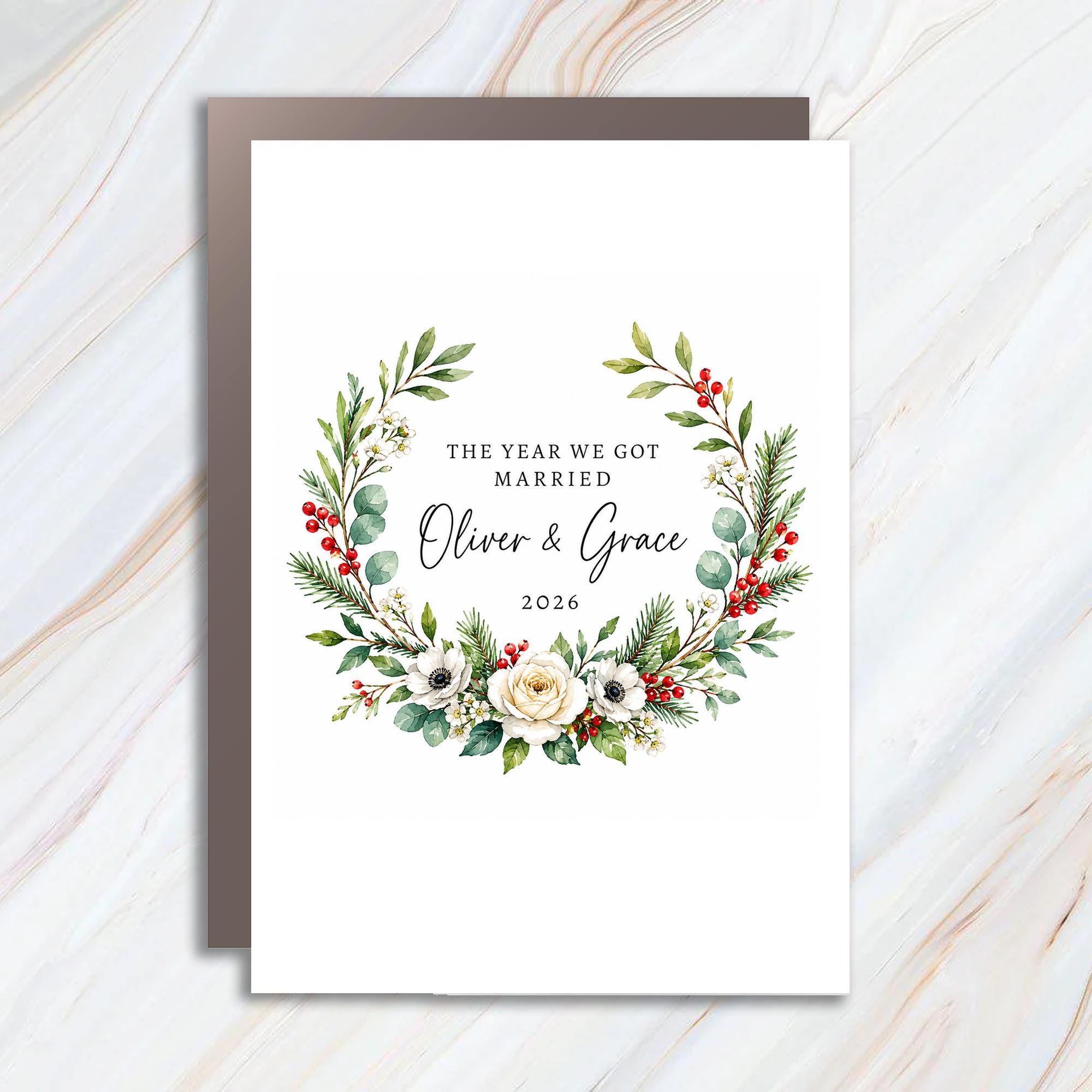 The Year We Got Married 2026 Wedding Card Floral Wreath Newlyweds Personalized Keepsake Romantic C1578