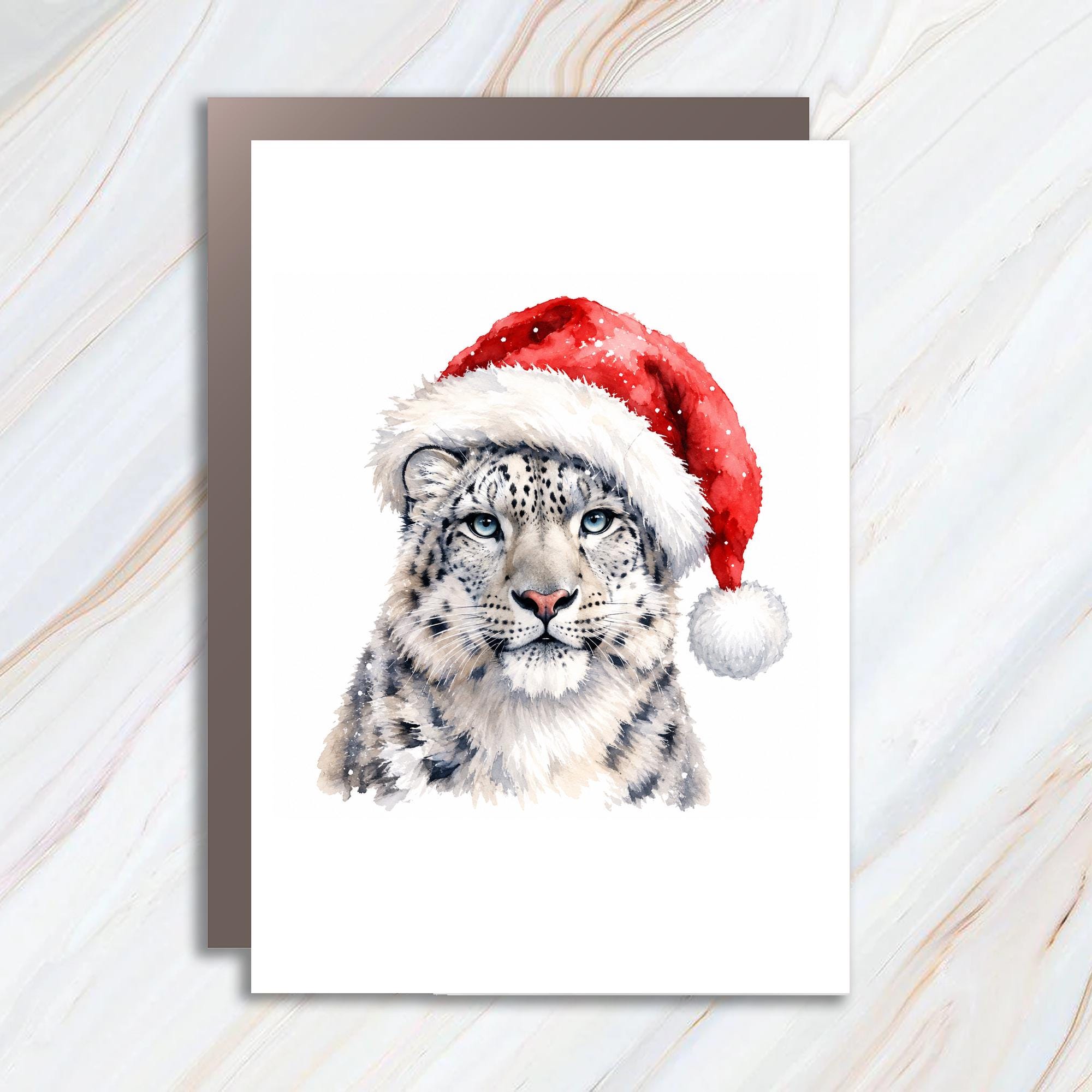 Snow Leopard Christmas Greeting Card Watercolor Animal Card Holiday Card For Wildlife Lover Cute Santa Hat C1584