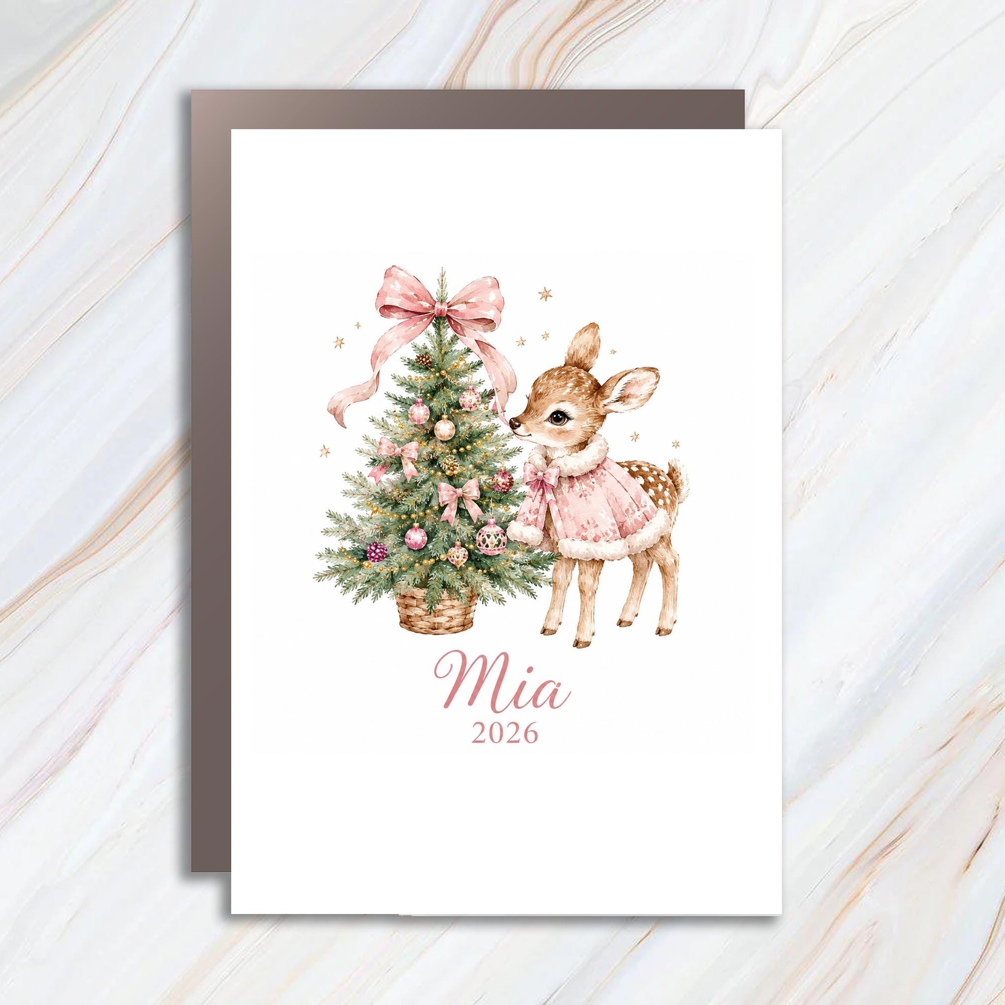 2026 Personalized Christmas Card Cute Deer With Tree Holiday Greeting Card For Kids Custom Name Xmas Card C1592