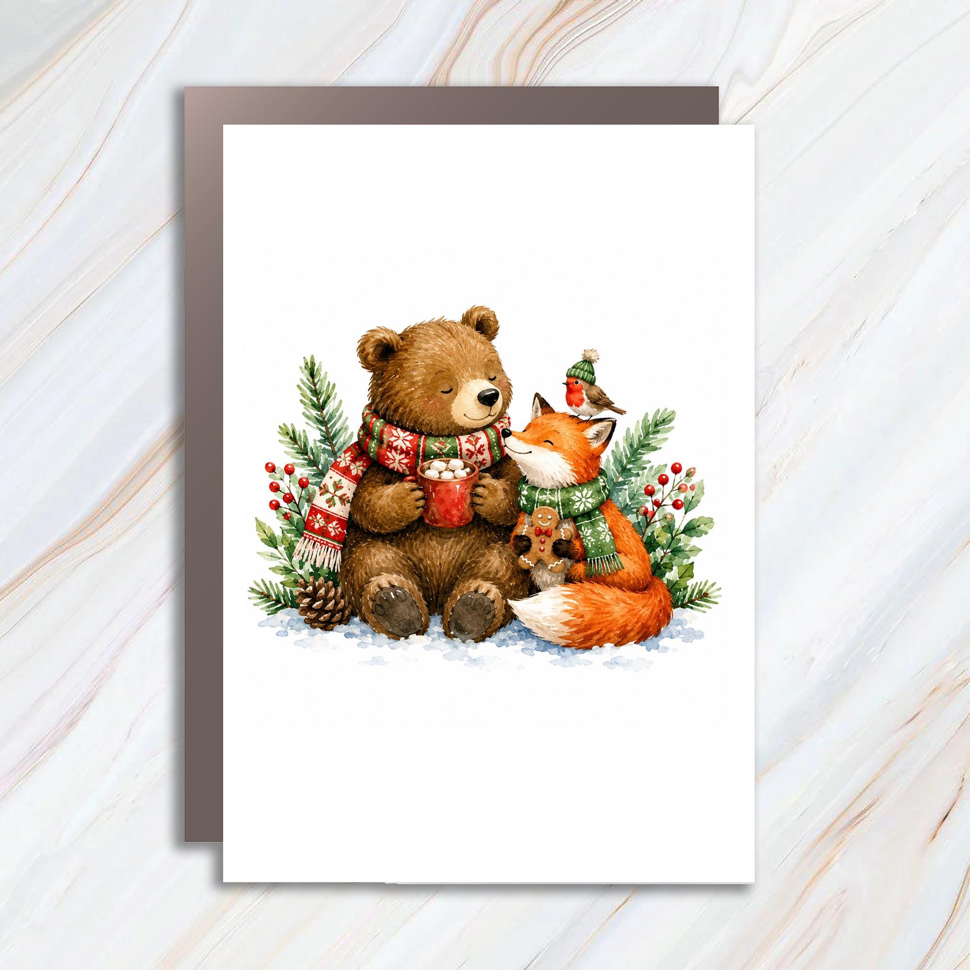 Bear And Fox Christmas Greeting Card Cute Animal Holiday Card Winter Woodland Scene For Kids Family Festive Illustration C1596