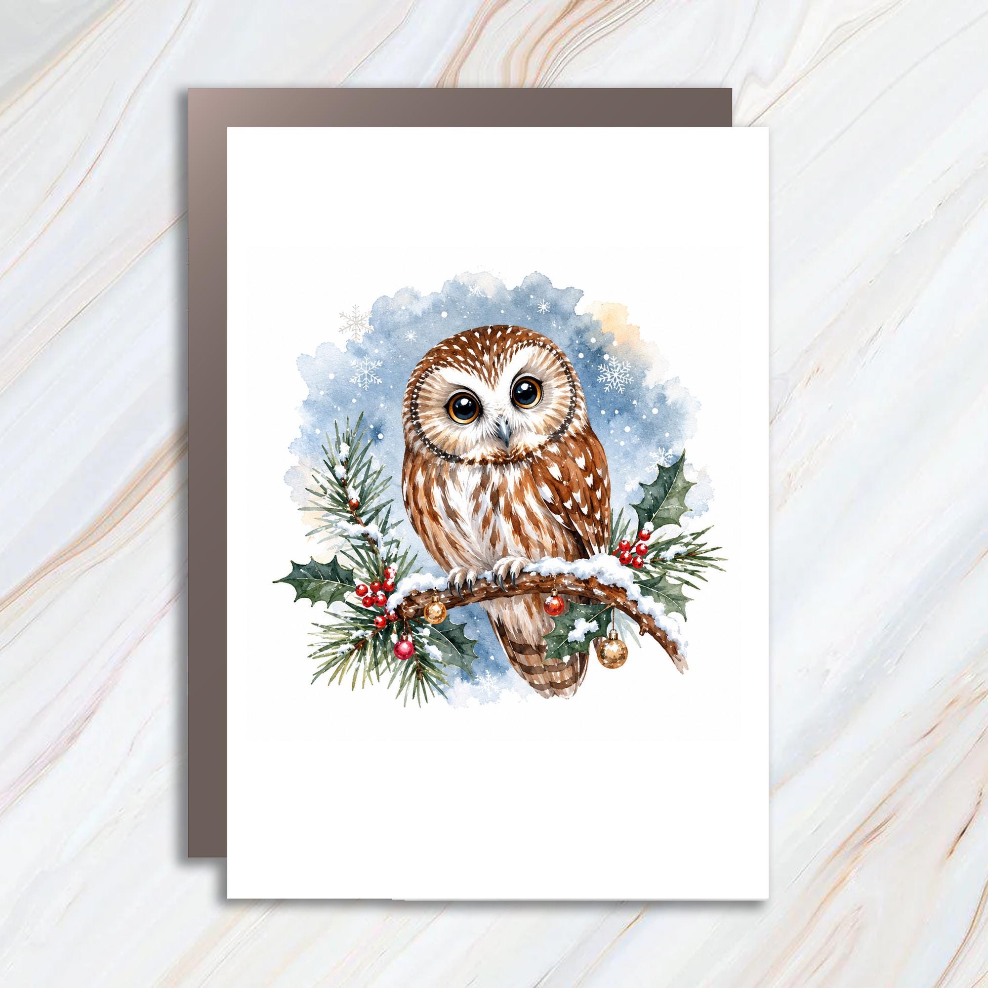 Watercolor Owl Christmas Greeting Card Winter Holiday Card Cute Animal Art Festive Snowy Scene For Nature Lover C1603