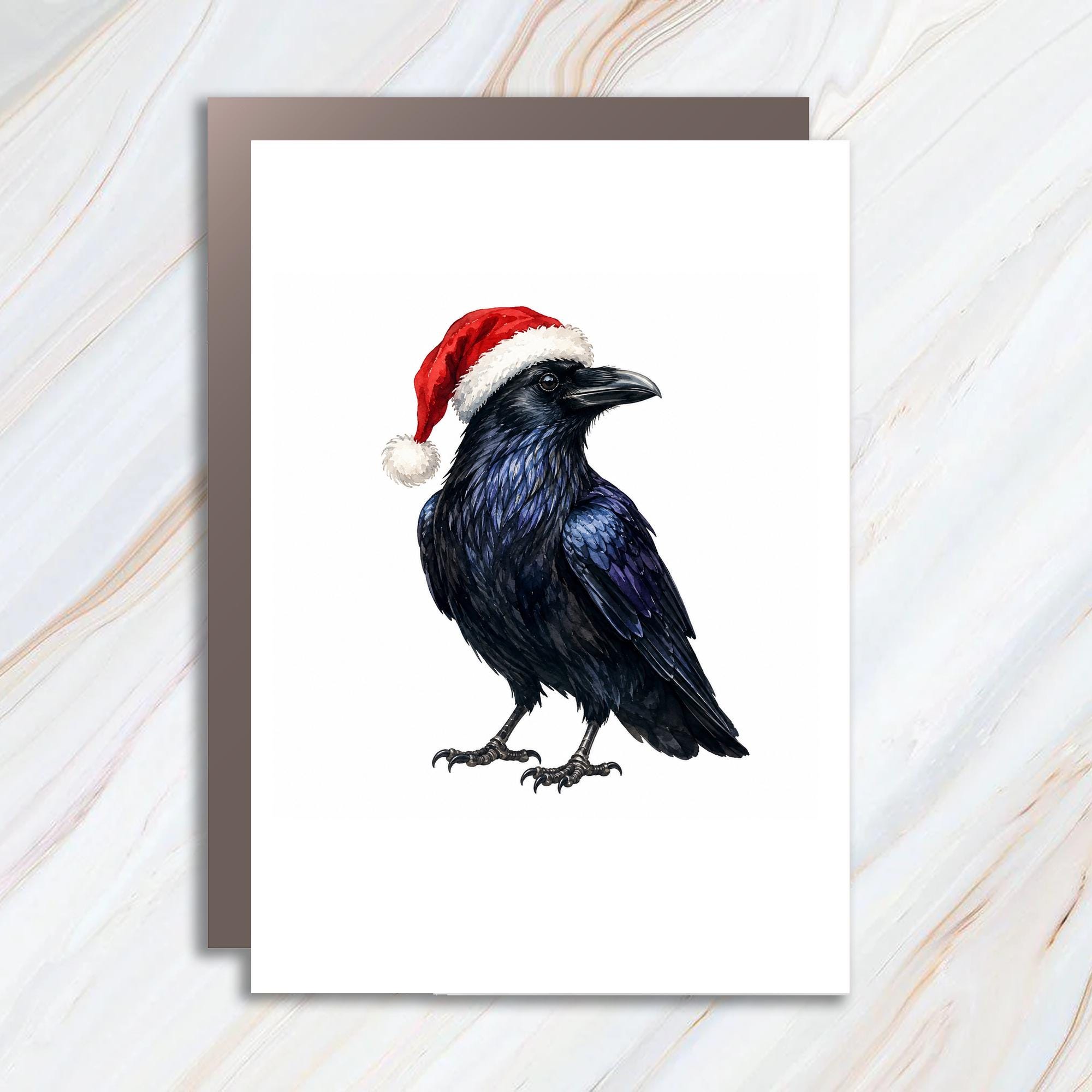 Raven With Santa Hat Christmas Card Whimsical Animal Holiday Greeting Card Unique Festive Art For Bird Lover C1566