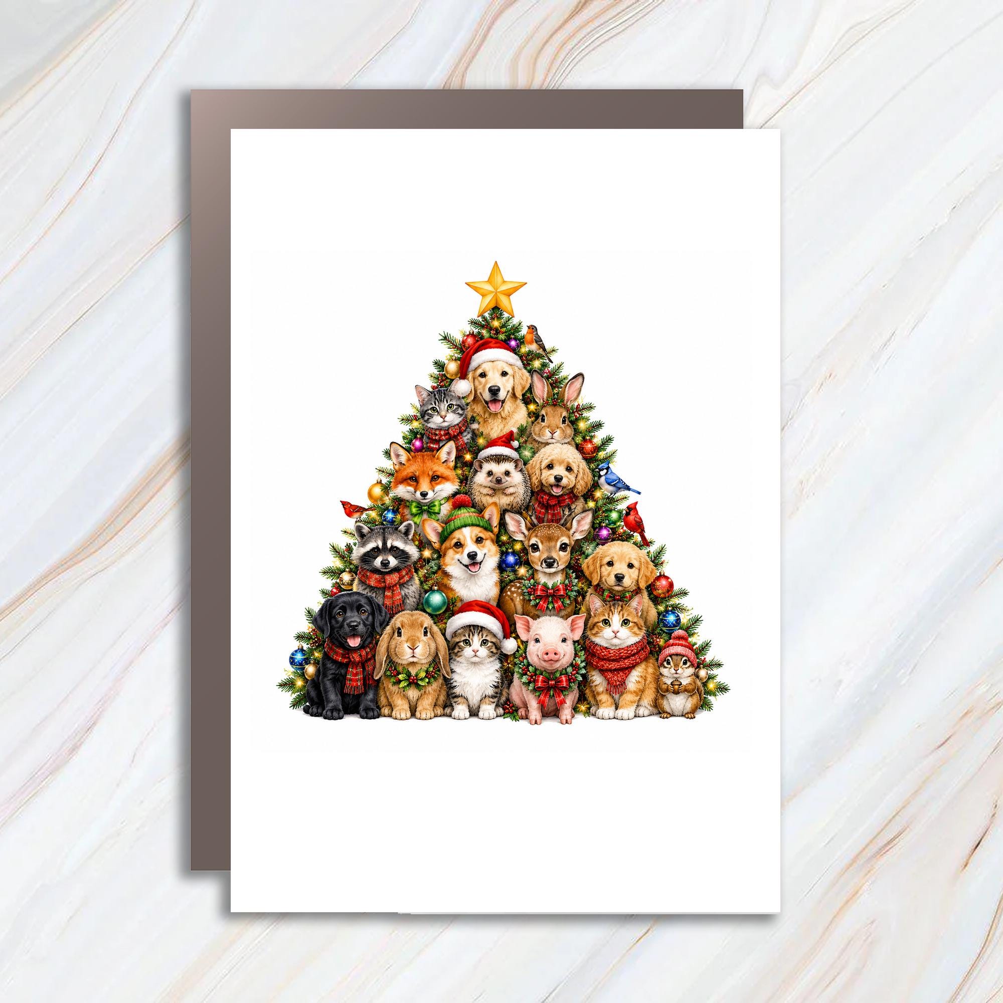 Animals In Christmas Tree Card Cute Holiday Greeting Card For Animal Lovers Festive Christmas Card With Dogs Cats And More C1569