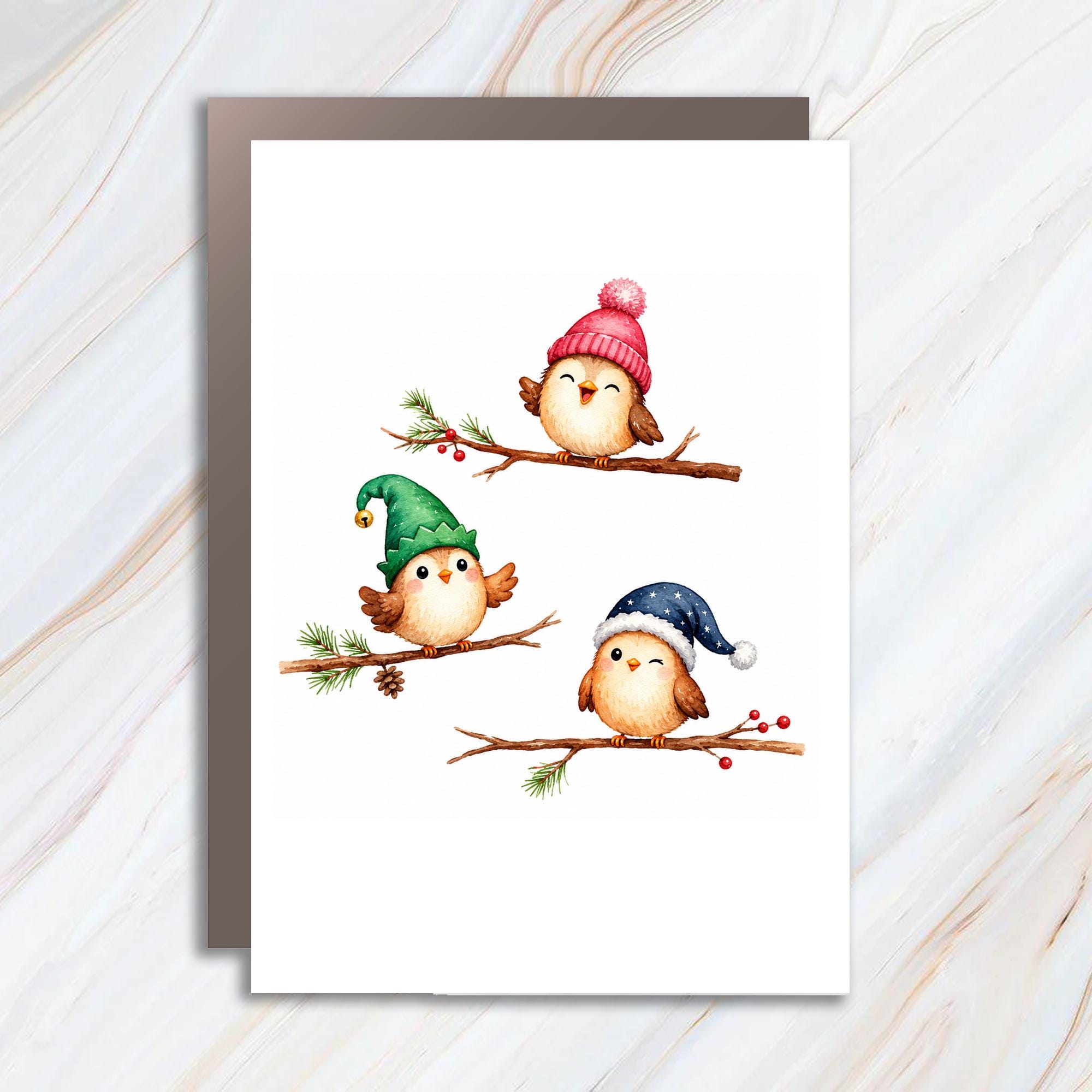 Cute Birds In Winter Hats Christmas Greeting Card Festive Holiday Card For Bird Lover Adorable Seasonal Card C1579