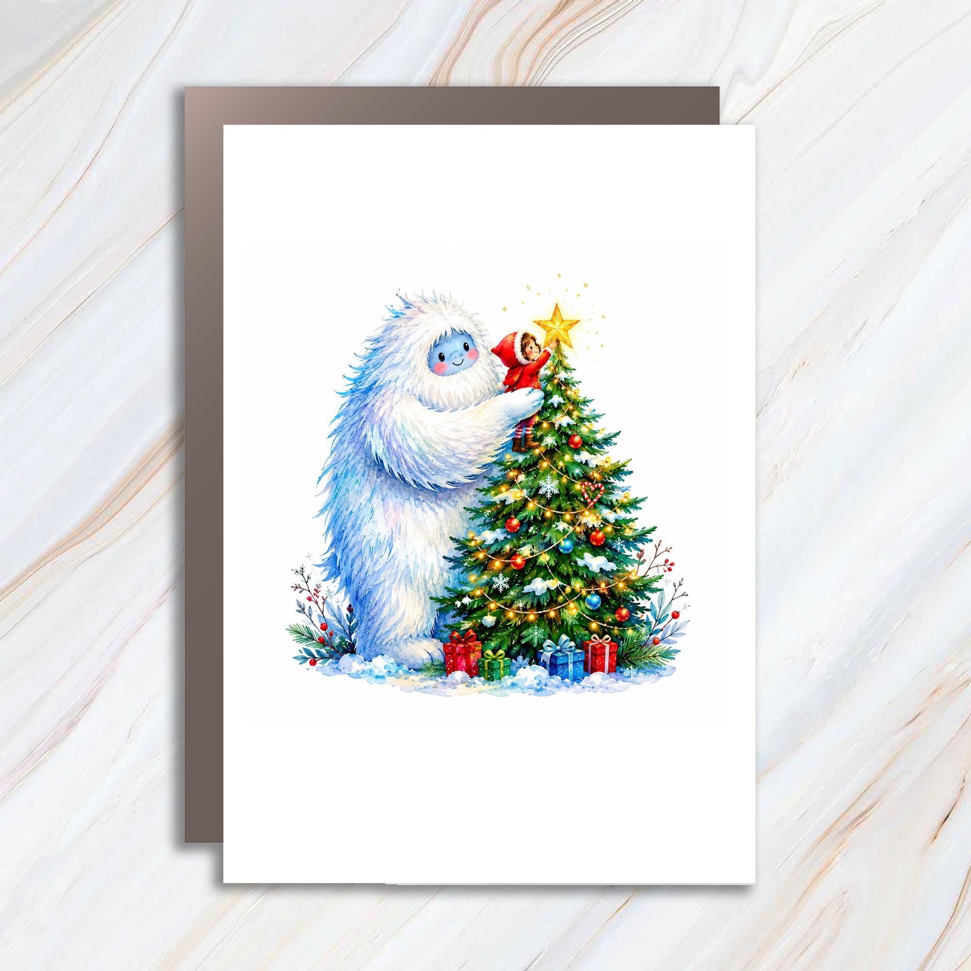 Yeti And Child Christmas Card Cute Holiday Greeting Card Winter Scene For Kids Family Festive Christmas Tree Illustration C1581