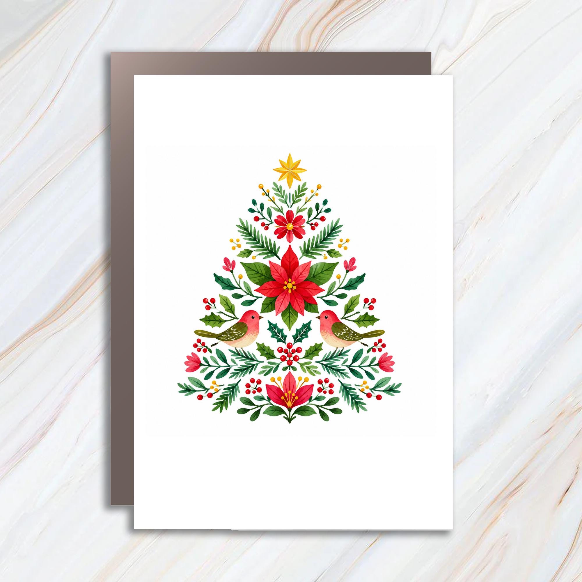 Floral Christmas Tree Card With Birds Holiday Greeting Card Festive Watercolor For Nature Lovers Seasonal Art C1583