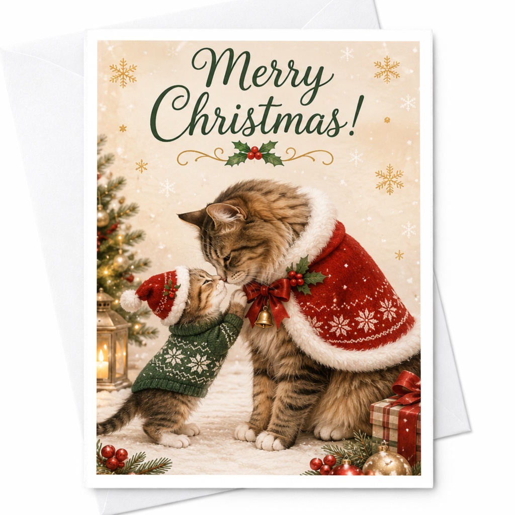 Merry Christmas! Cute Cats In Festive Attire Christmas Card Holiday Greeting Card For Cat Lovers Adorable Feline Xmas Card C6620