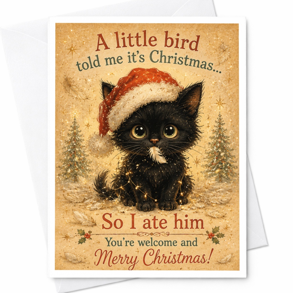 A Little Bird Told Me It's Christmas Funny Cat Christmas Card Cute Black Cat Santa Hat Holiday Greeting Card C6621