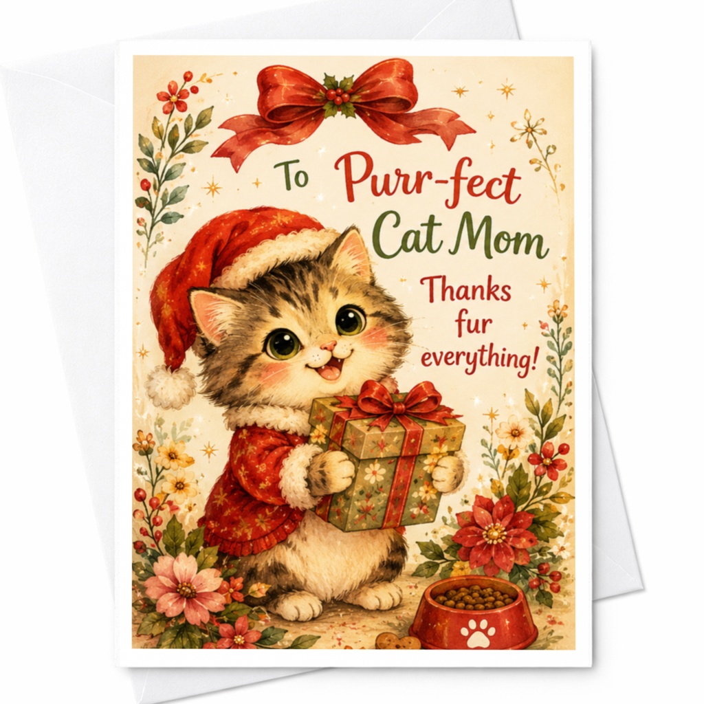 To Purr-Fect Cat Mom Thanks Fur Everything! Christmas Card Cute Cat Lover Holiday Greeting Card For Her From Pet C6625