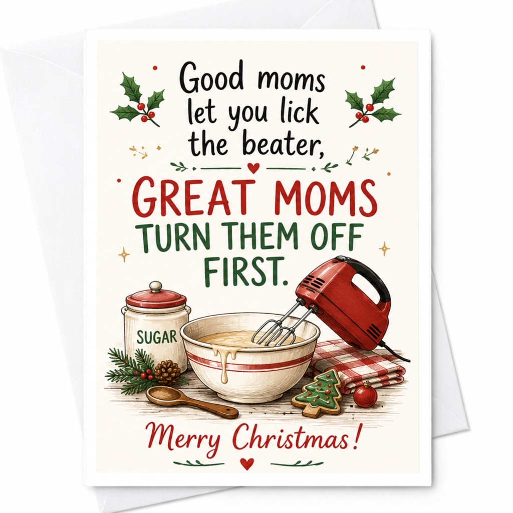 Good Moms Let You Lick The Beater Christmas Card Funny Holiday Card For Mom Baking Theme Great Moms Turn Them Off First C6628