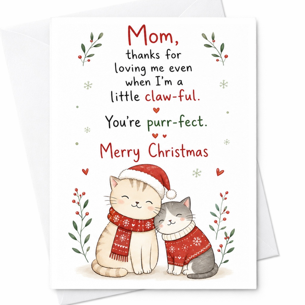 Mom, Thanks For Loving Me Even When I'm A Little Claw-Ful. You're Purr-Fect. Merry Christmas Card Cute Cat Christmas Card For Mom C6633