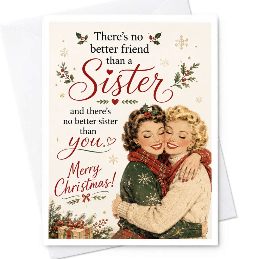There's No Better Friend Than A Sister Merry Christmas Card For Sister Holiday Greeting Card Vintage Style Festive C6635