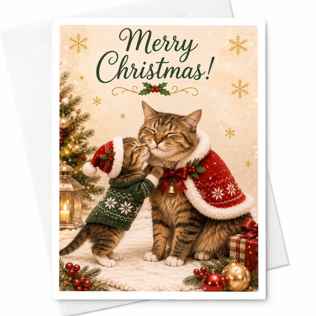 Merry Christmas! Cute Cat Christmas Card Festive Holiday Greeting Card For Cat Lover Adorable Cats In Santa Hats C6638
