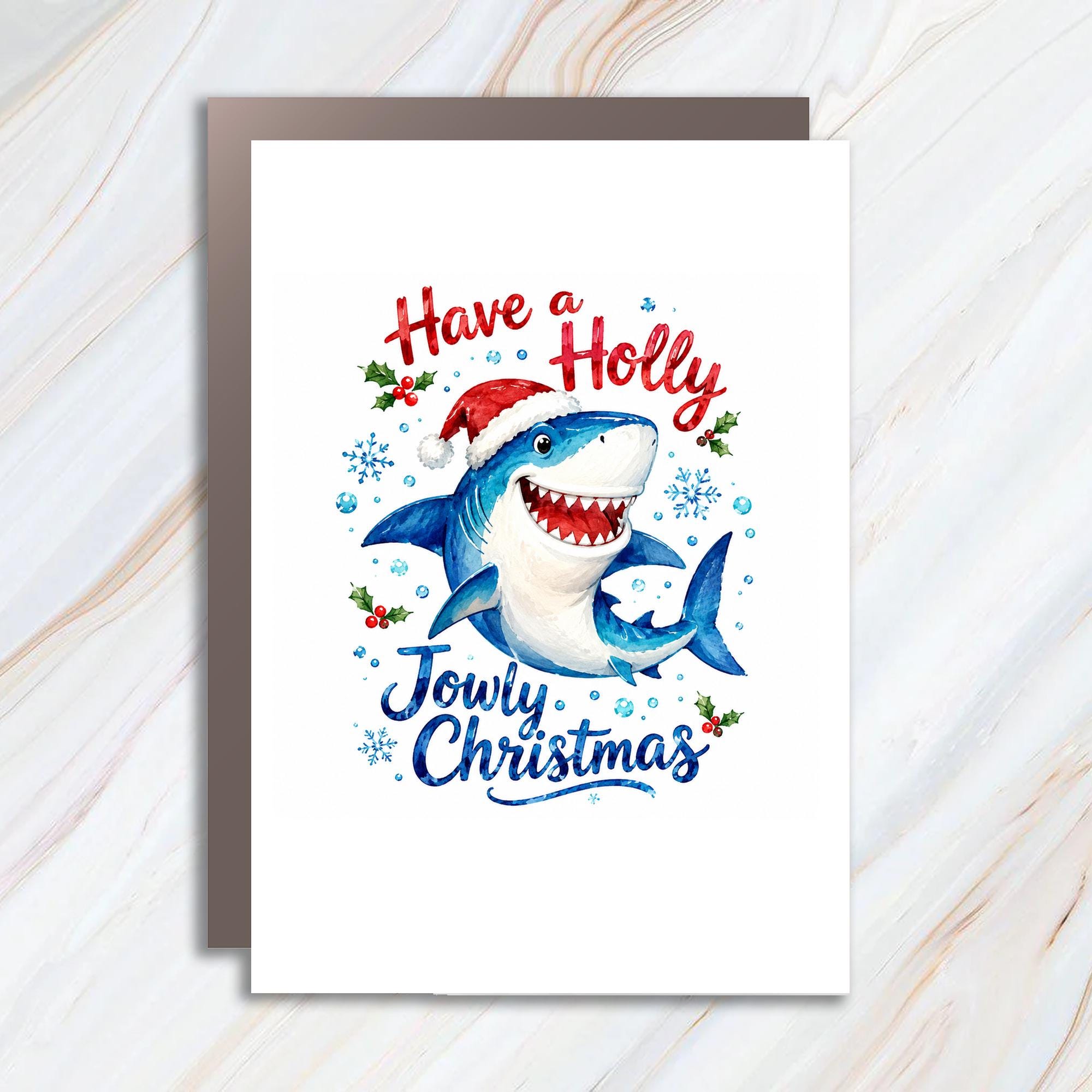 Have A Holly Jowly Christmas Funny Shark Christmas Card Cute Holiday Greeting Card For Kids Family Animal Lover C1597