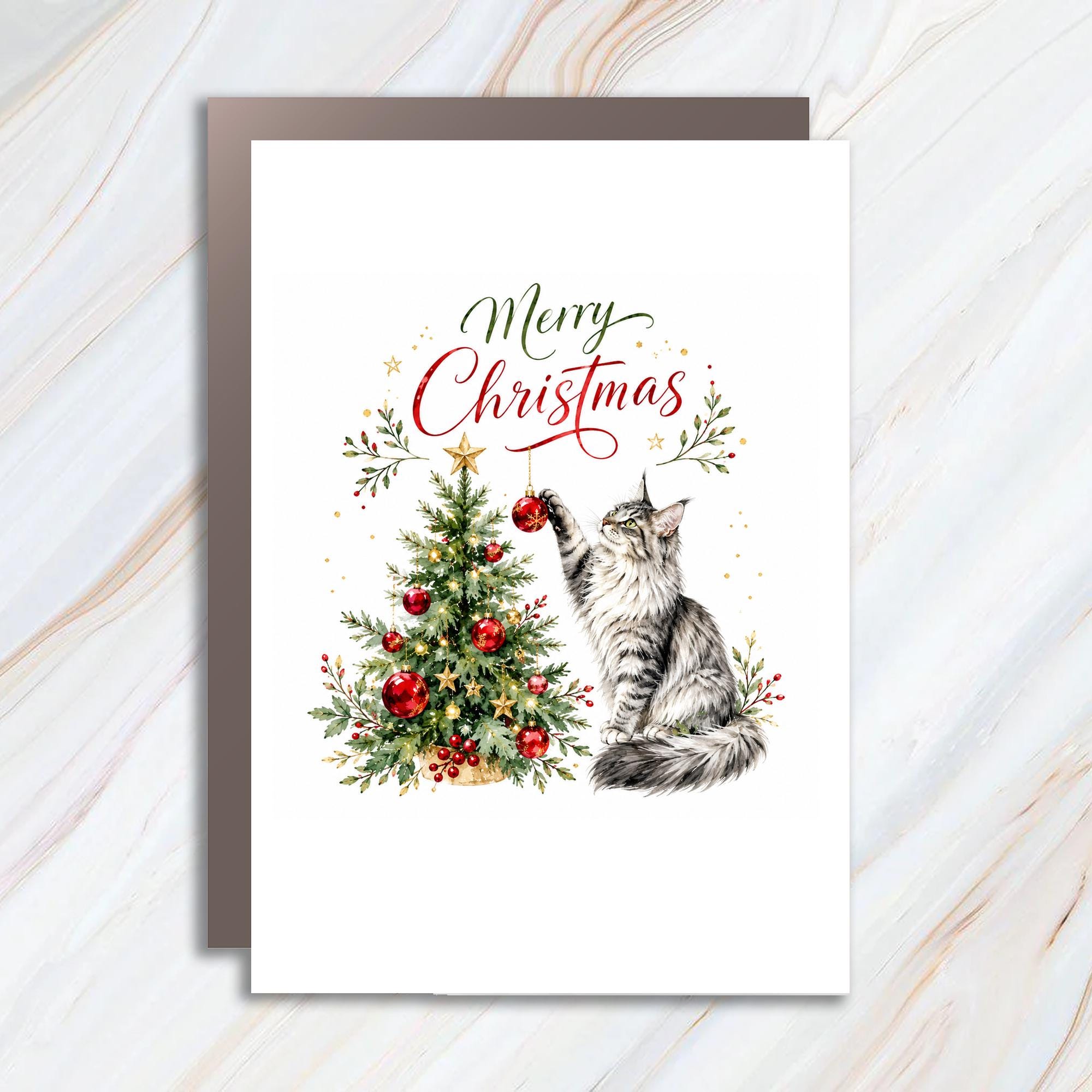 Merry Christmas Cat With Christmas Tree Card Cute Holiday Greeting Card For Cat Lover Festive Xmas Card Animal Lover C1598