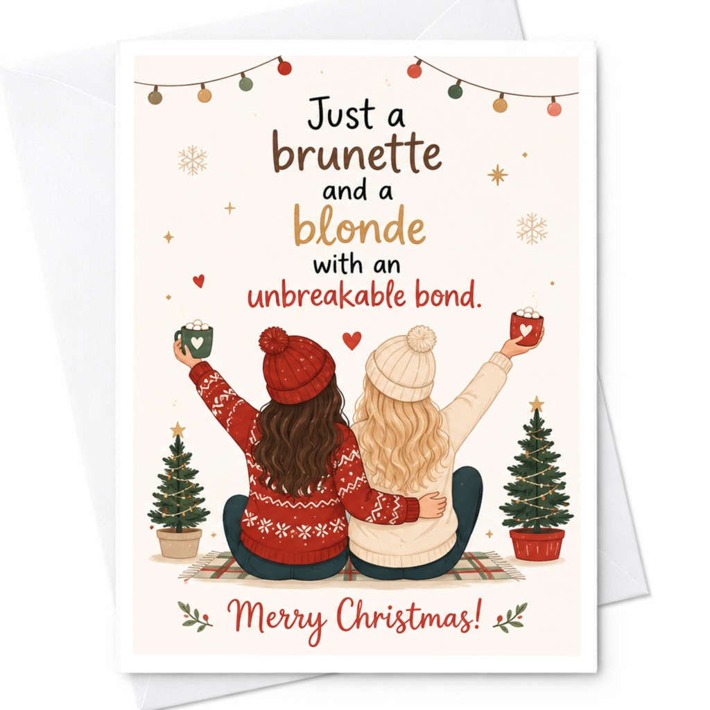 Just A Brunette And A Blonde With An Unbreakable Bond Merry Christmas Card For Friends Cute Holiday Greeting Card For Besties C6640