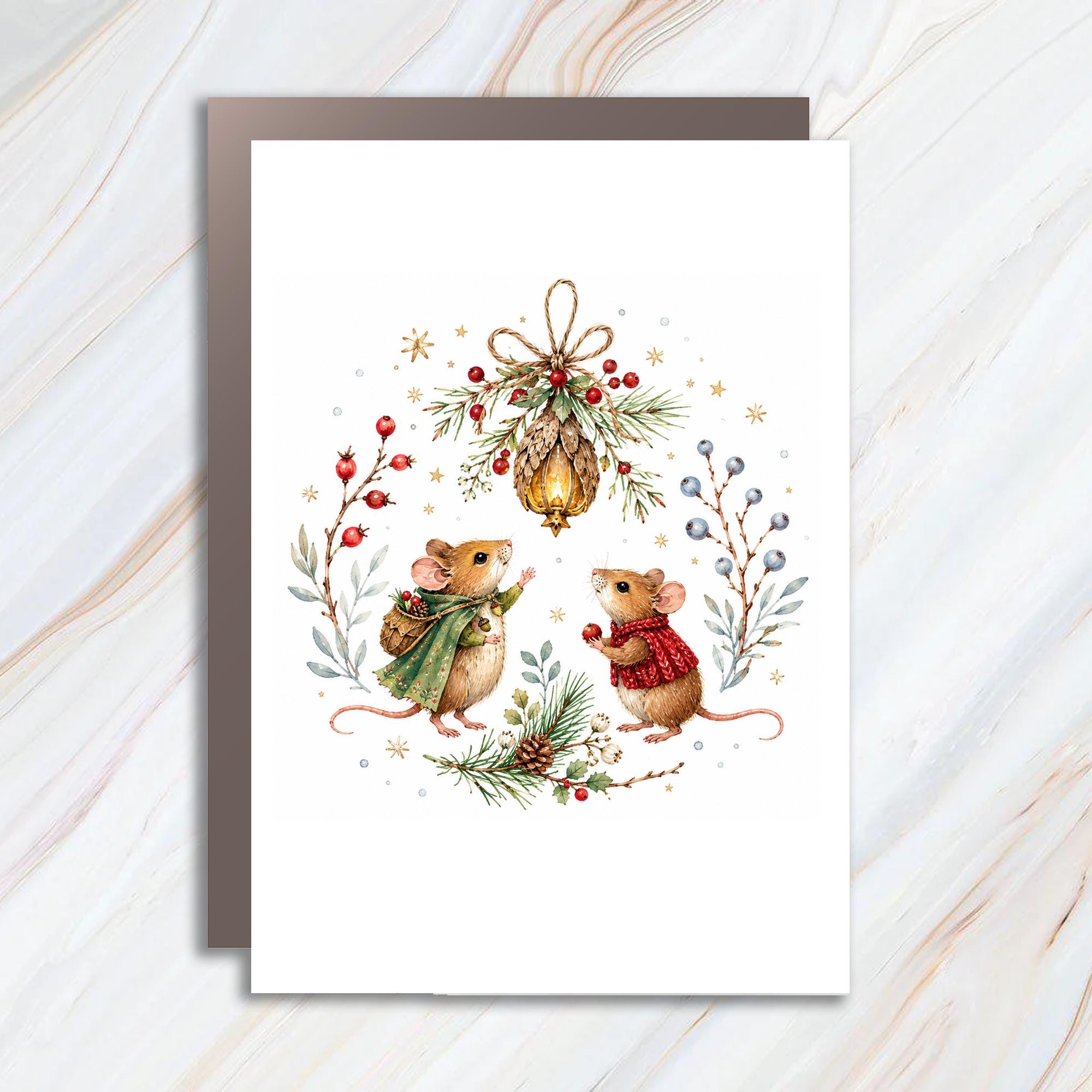 Christmas Mice Card Cute Holiday Greeting Card Watercolor Animal Art Festive Christmas Card For Animal Lover C1599