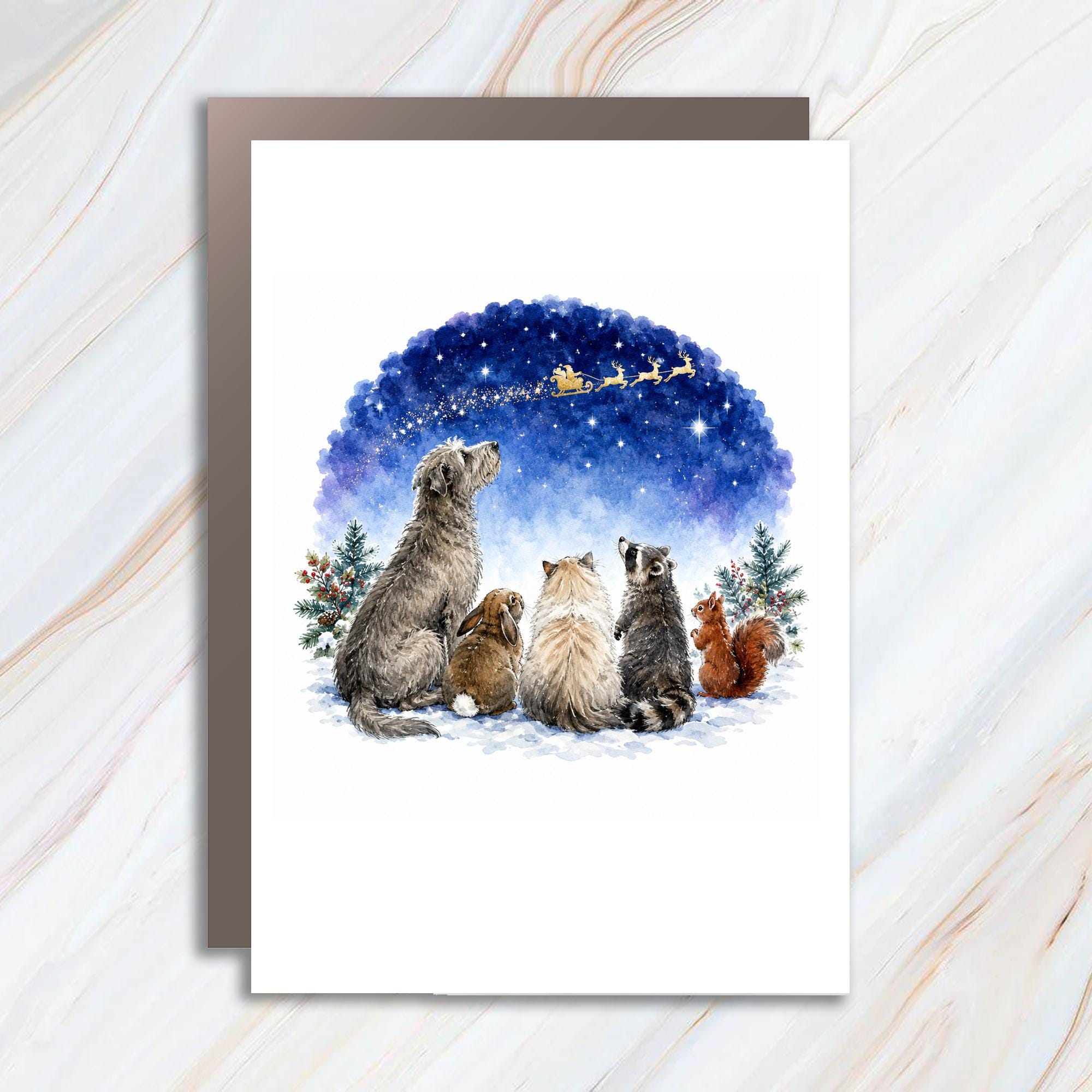 Animals Watching Santa's Sleigh Christmas Card Cute Holiday Greeting Card For Animal Lover Festive Winter Scene C1600