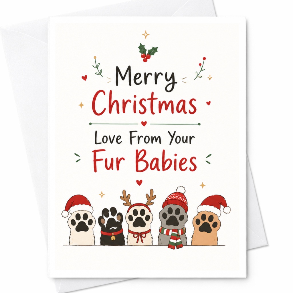 Merry Christmas Love From Your Fur Babies Cute Christmas Card From Pets Dog Cat Lover Holiday Greeting Card Animal Paws C6645
