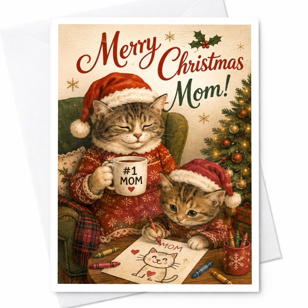 Merry Christmas Mom! Cute Cat Christmas Card For Mom From Kids Festive Holiday Greeting Card With Cats #1 Mom C6648