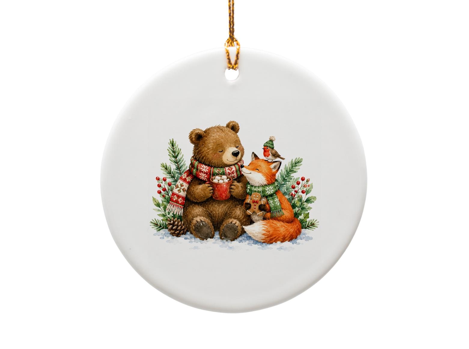 Bear And Fox Christmas Ornament Cute Woodland Animal Holiday Decor Winter Scene Festive Gift For Nature Lover O1596