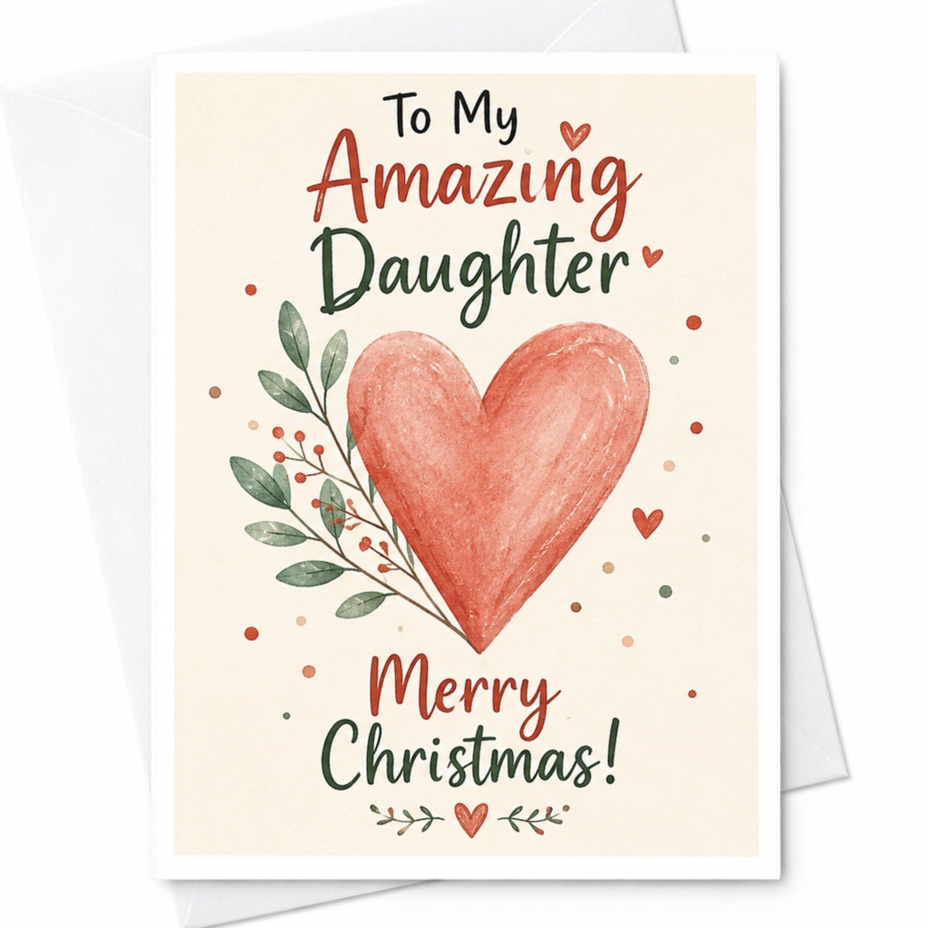 To My Amazing Daughter Merry Christmas! Heart Christmas Card For Daughter Holiday Greeting Card Cute Festive C6663