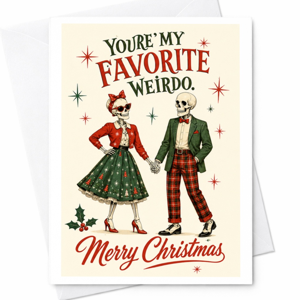 You're My Favorite Weirdo. Merry Christmas Card Skeleton Couple Festive Holiday Greeting For Partner Funny Xmas Card C6665